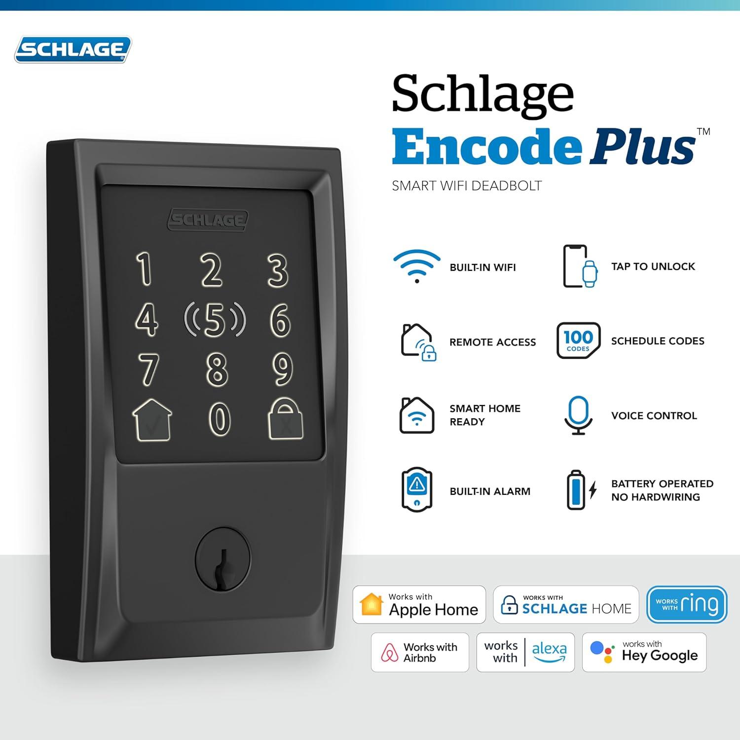 image:imageSchlage Encode Plus Smart WiFi Lock for Front Door Keyless Entry Deadbolt Unlock with Apple Watch Builtin WiFi and App Control Easy Install Alexa amp Apple HomeKit Compatible Aged BronzeMatte Black