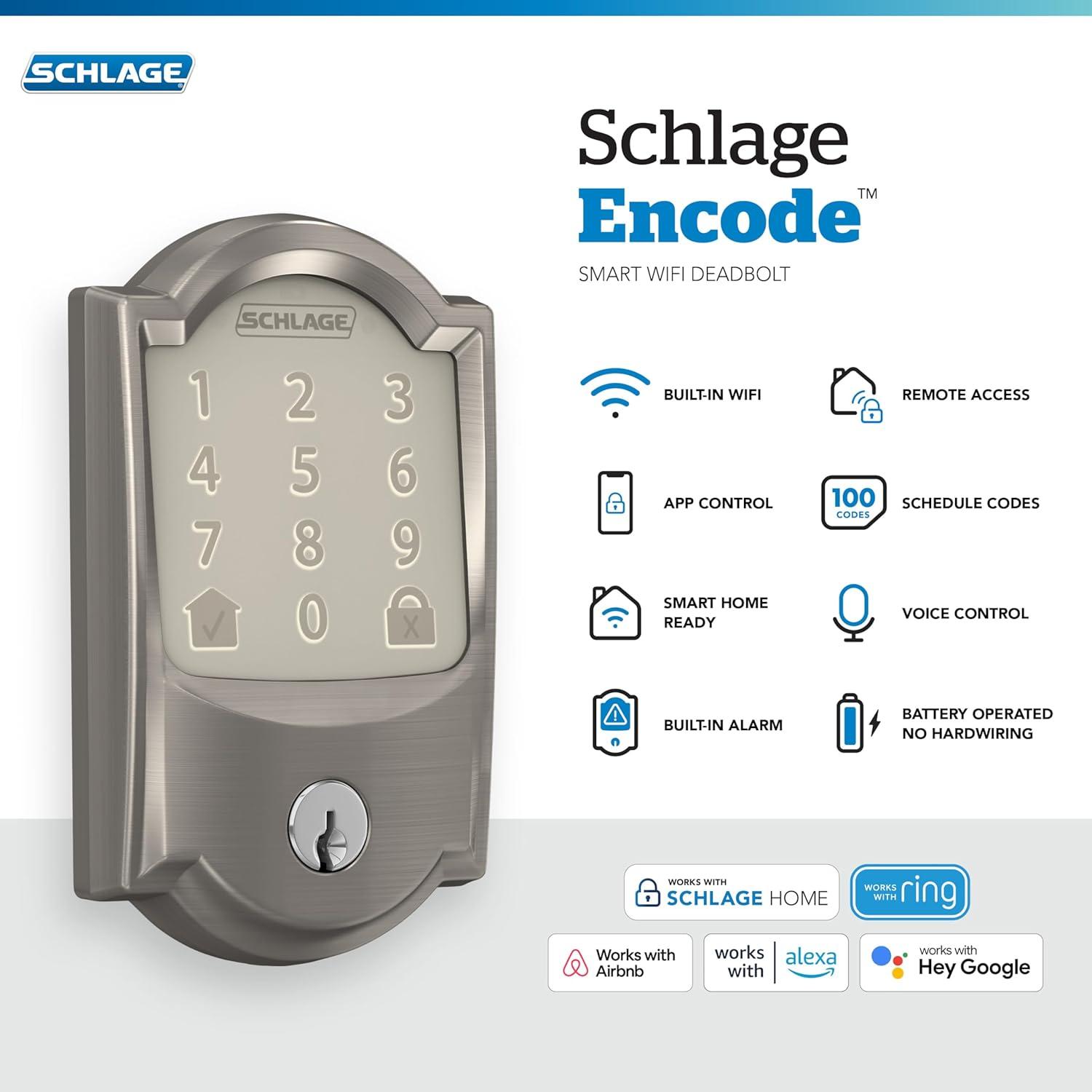 image:imageSchlage Encode Smart WiFi Deadbolt Lock for Front Door Keyless Entry with App or Touchscreen Works with Alexa Hey Google amp Airbnb Create Codes for Guests Satin NickelSatin Nickel