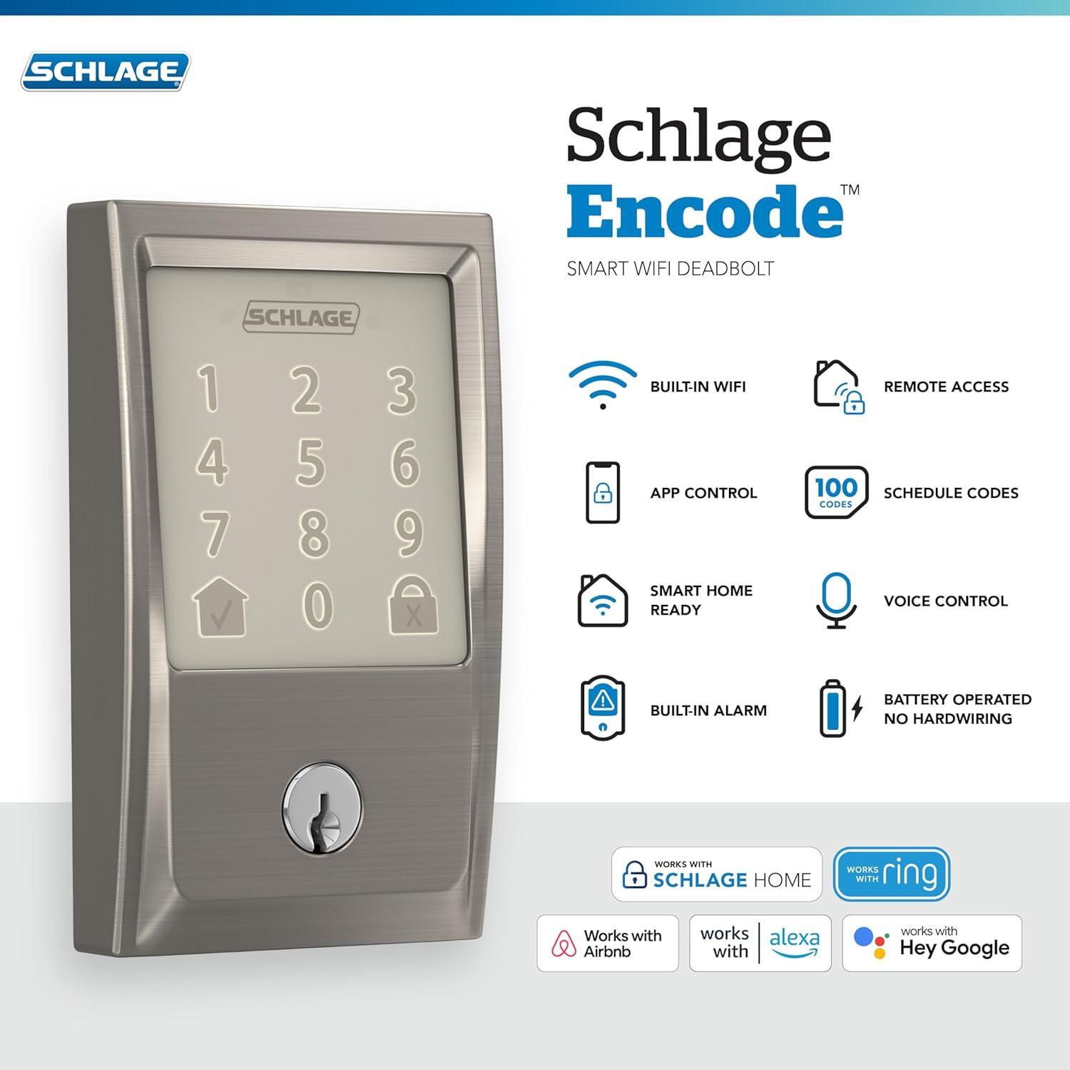 image:imageSchlage Encode Smart WiFi Deadbolt Lock for Front Door Keyless Entry with App or Touchscreen Works with Alexa Hey Google amp Airbnb Create Codes for Guests Satin NickelSatin Nickel