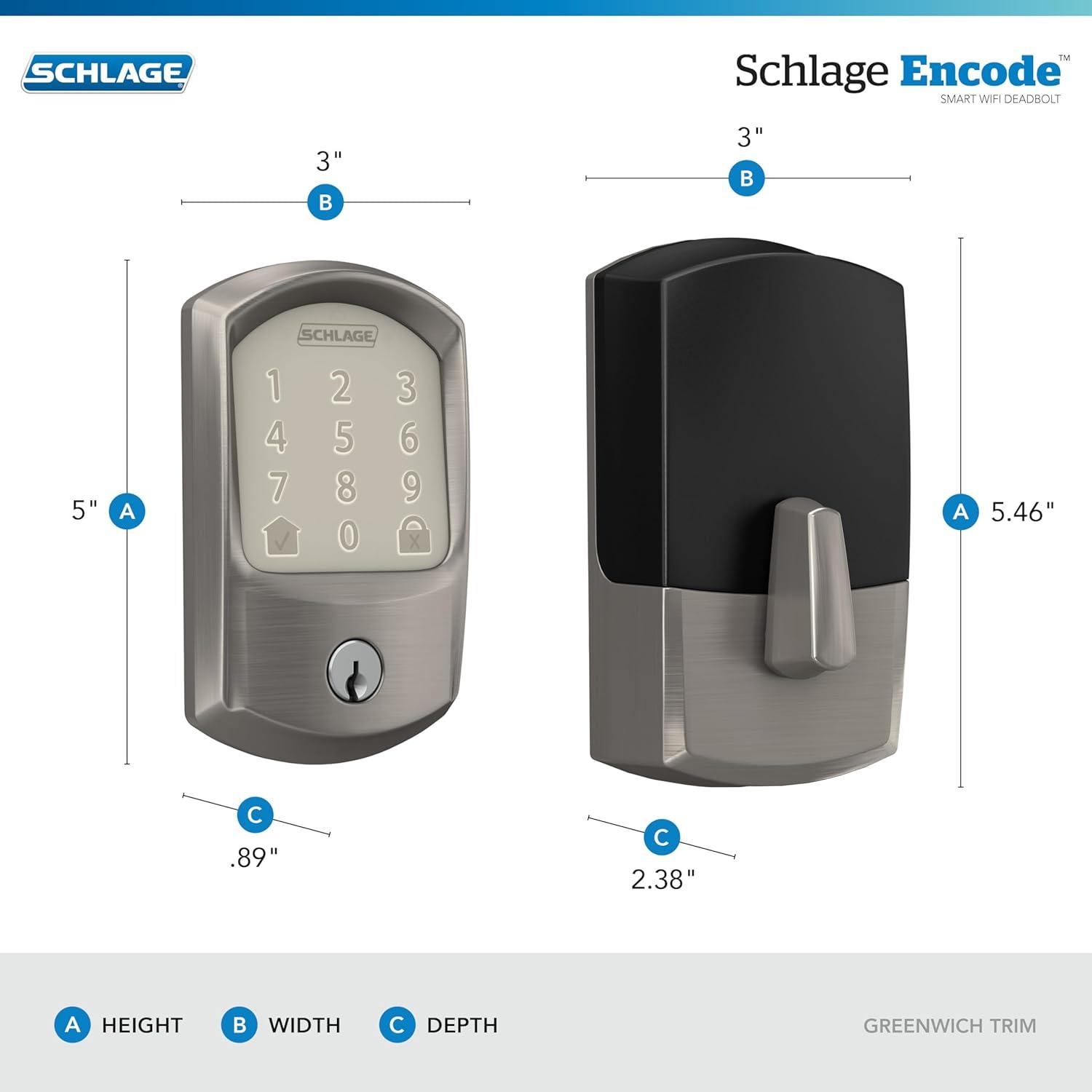 image:imageSchlage Encode Smart WiFi Deadbolt Lock for Front Door Keyless Entry with App or Touchscreen Works with Alexa Hey Google amp Airbnb Create Codes for Guests Satin NickelSatin Nickel