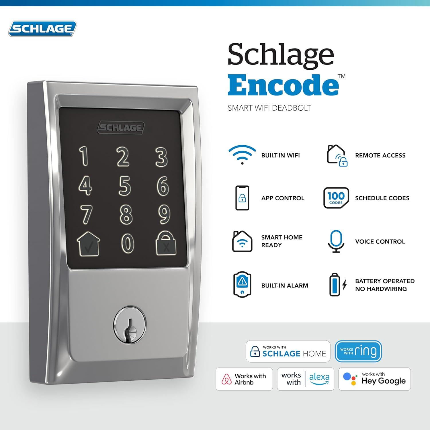 image:imageSchlage Encode Smart WiFi Deadbolt Lock for Front Door Keyless Entry with App or Touchscreen Works with Alexa Hey Google amp Airbnb Create Codes for Guests Satin NickelBright Chrome