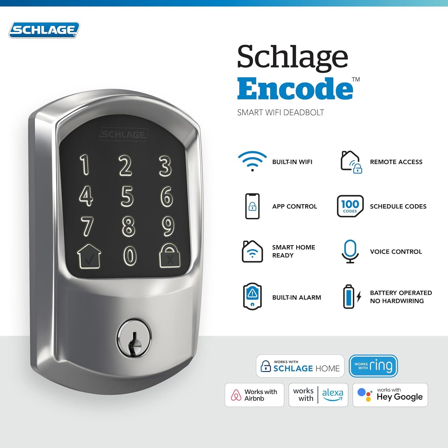 image:imageSchlage Encode Smart WiFi Deadbolt Lock for Front Door Keyless Entry with App or Touchscreen Works with Alexa Hey Google amp Airbnb Create Codes for Guests Satin NickelBright Chrome