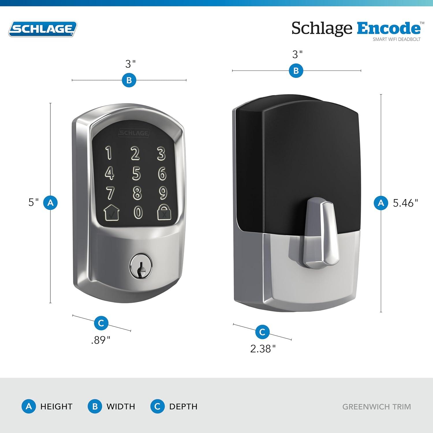 image:imageSchlage Encode Smart WiFi Deadbolt Lock for Front Door Keyless Entry with App or Touchscreen Works with Alexa Hey Google amp Airbnb Create Codes for Guests Satin NickelBright Chrome