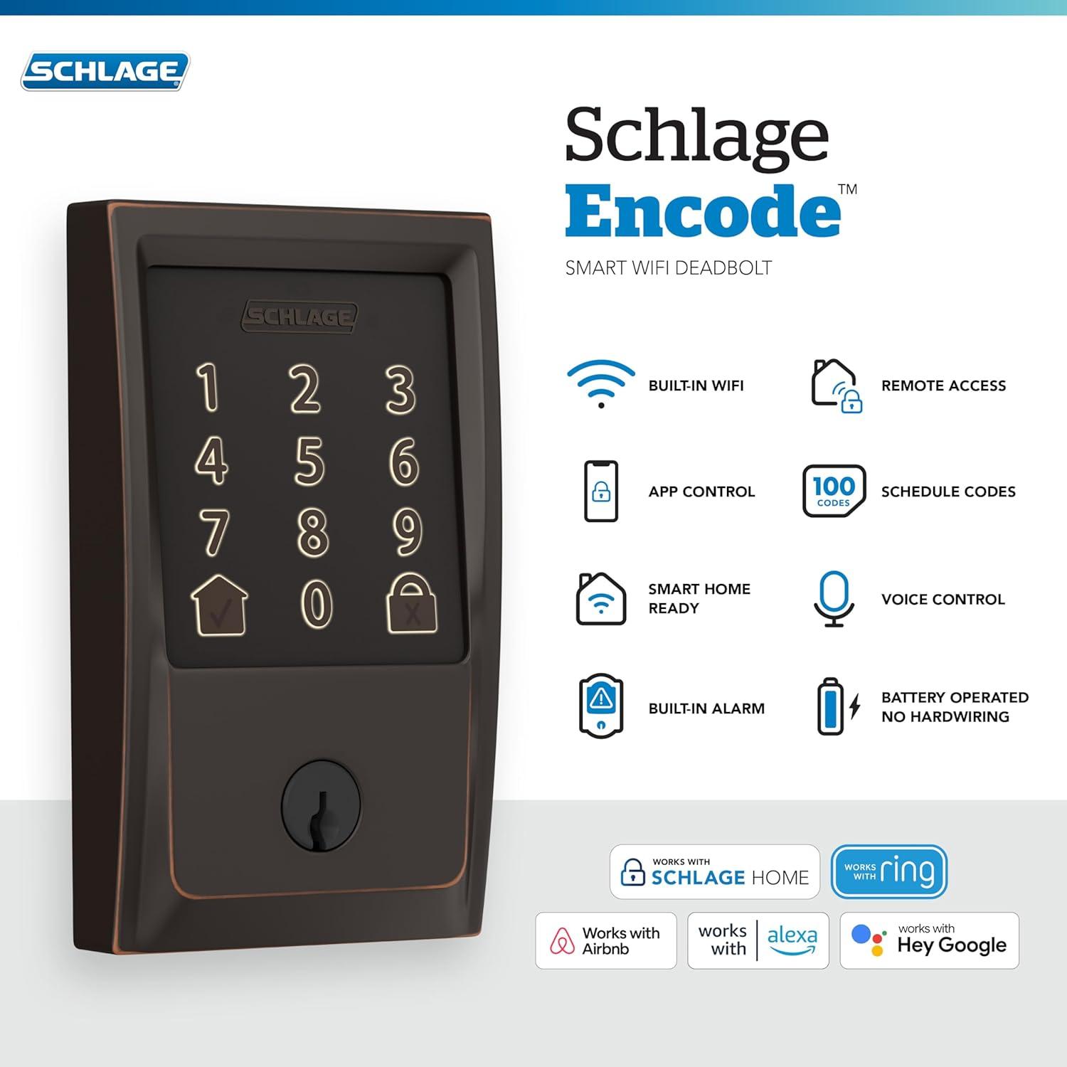 image:imageSchlage Encode Smart WiFi Deadbolt Lock for Front Door Keyless Entry with App or Touchscreen Works with Alexa Hey Google amp Airbnb Create Codes for Guests Satin NickelAged Bronze