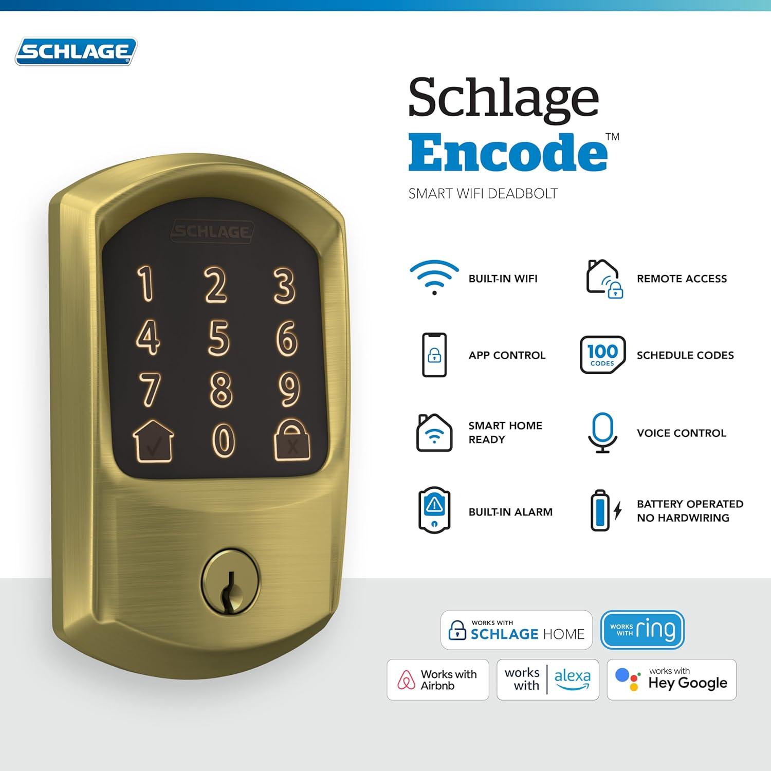image:imageSchlage Encode Smart WiFi Deadbolt Lock for Front Door Keyless Entry with App or Touchscreen Works with Alexa Hey Google amp Airbnb Create Codes for Guests Satin NickelSatin Brass