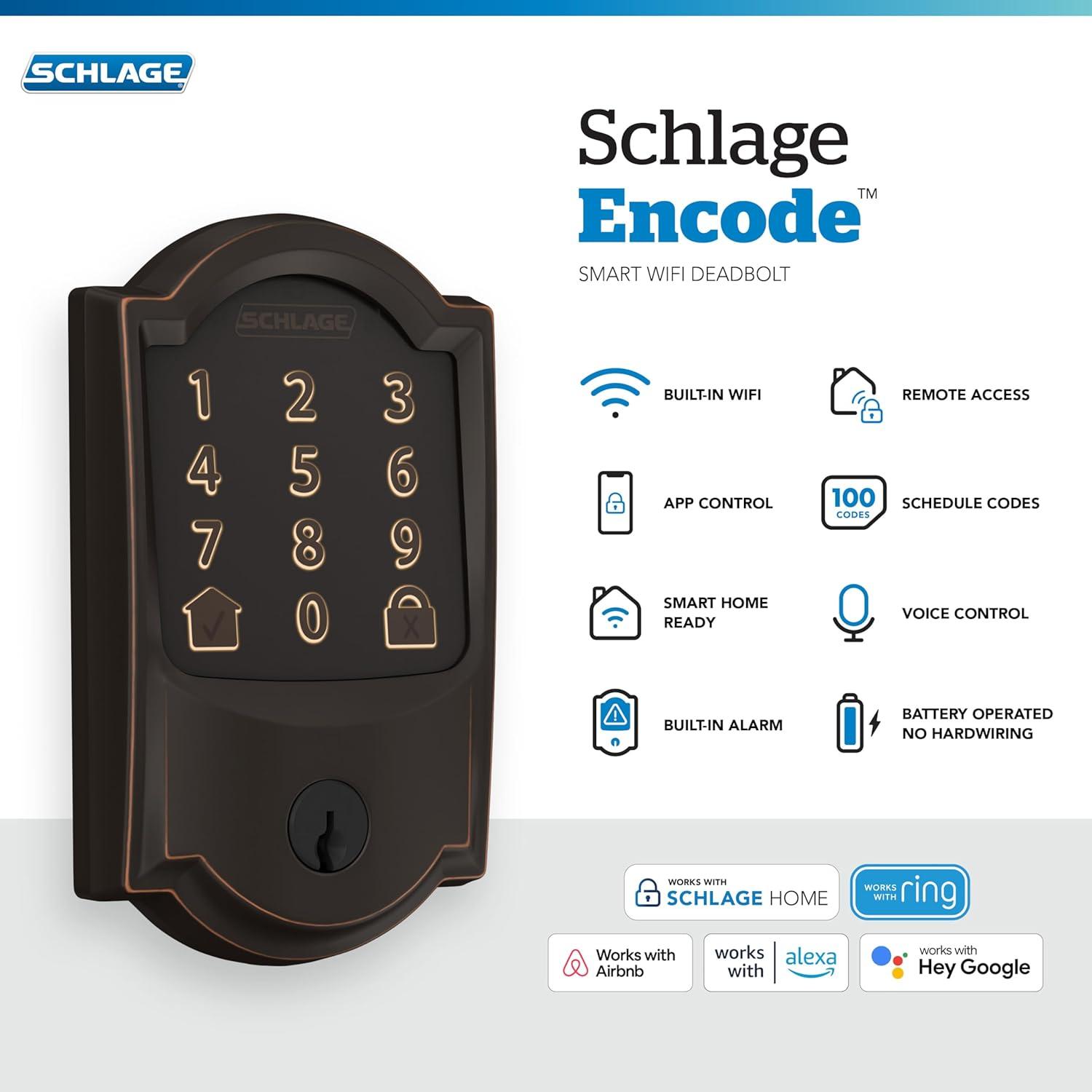 image:imageSchlage Encode Smart WiFi Deadbolt Lock for Front Door Keyless Entry with App or Touchscreen Works with Alexa Hey Google amp Airbnb Create Codes for Guests Satin NickelAged Bronze