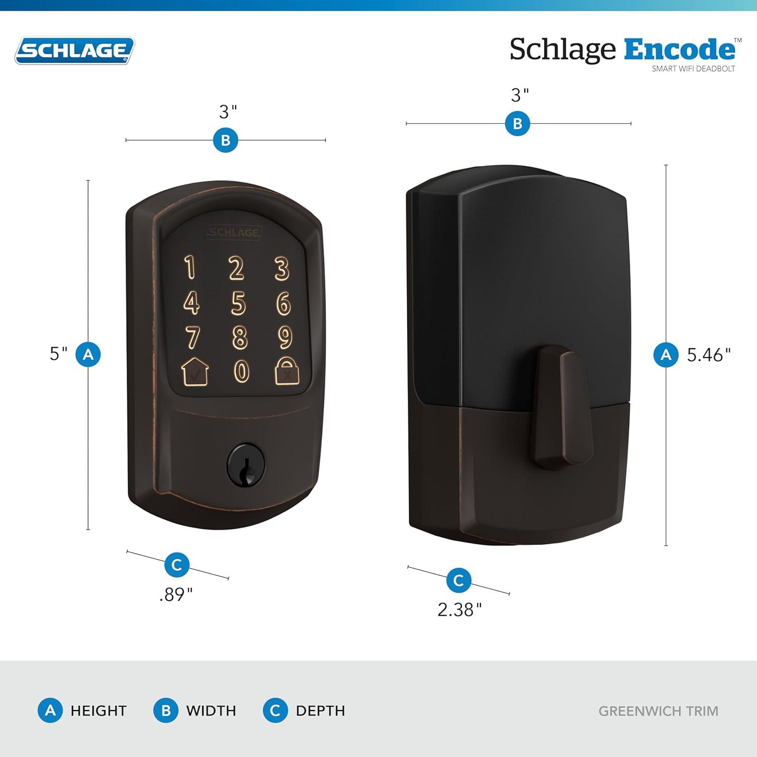 image:imageSchlage Encode Smart WiFi Deadbolt Lock for Front Door Keyless Entry with App or Touchscreen Works with Alexa Hey Google amp Airbnb Create Codes for Guests Satin NickelAged Bronze