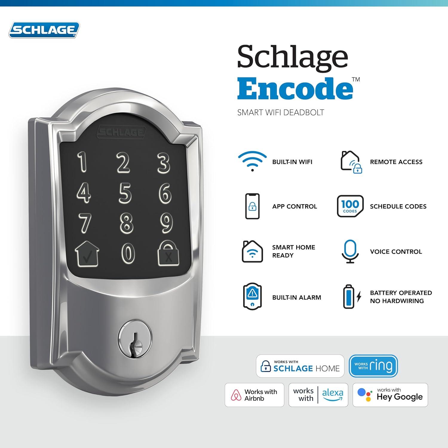 image:imageSchlage Encode Smart WiFi Deadbolt Lock for Front Door Keyless Entry with App or Touchscreen Works with Alexa Hey Google amp Airbnb Create Codes for Guests Satin NickelBright Chrome