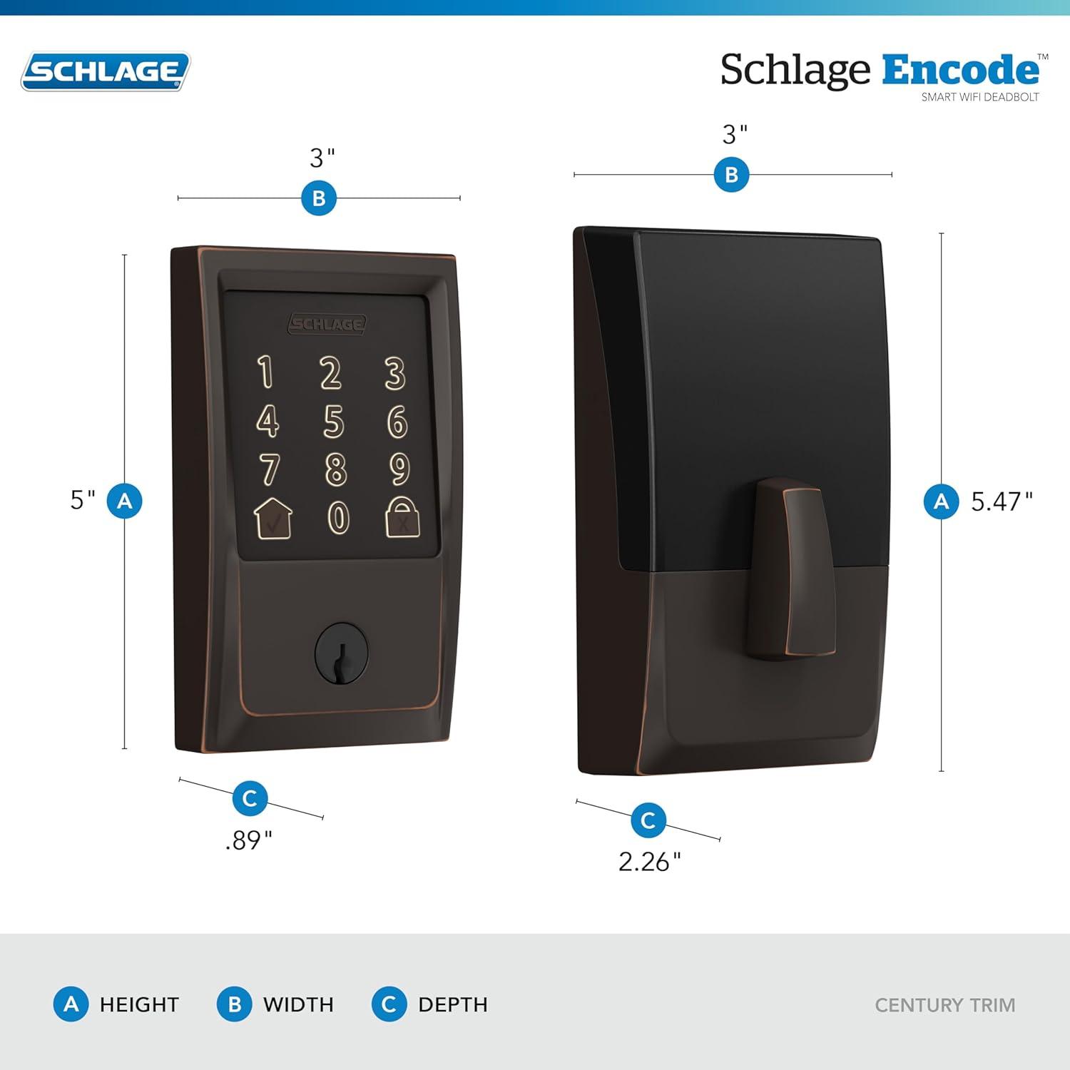 image:imageSchlage Encode Smart WiFi Deadbolt Lock for Front Door Keyless Entry with App or Touchscreen Works with Alexa Hey Google amp Airbnb Create Codes for Guests Satin NickelAged Bronze