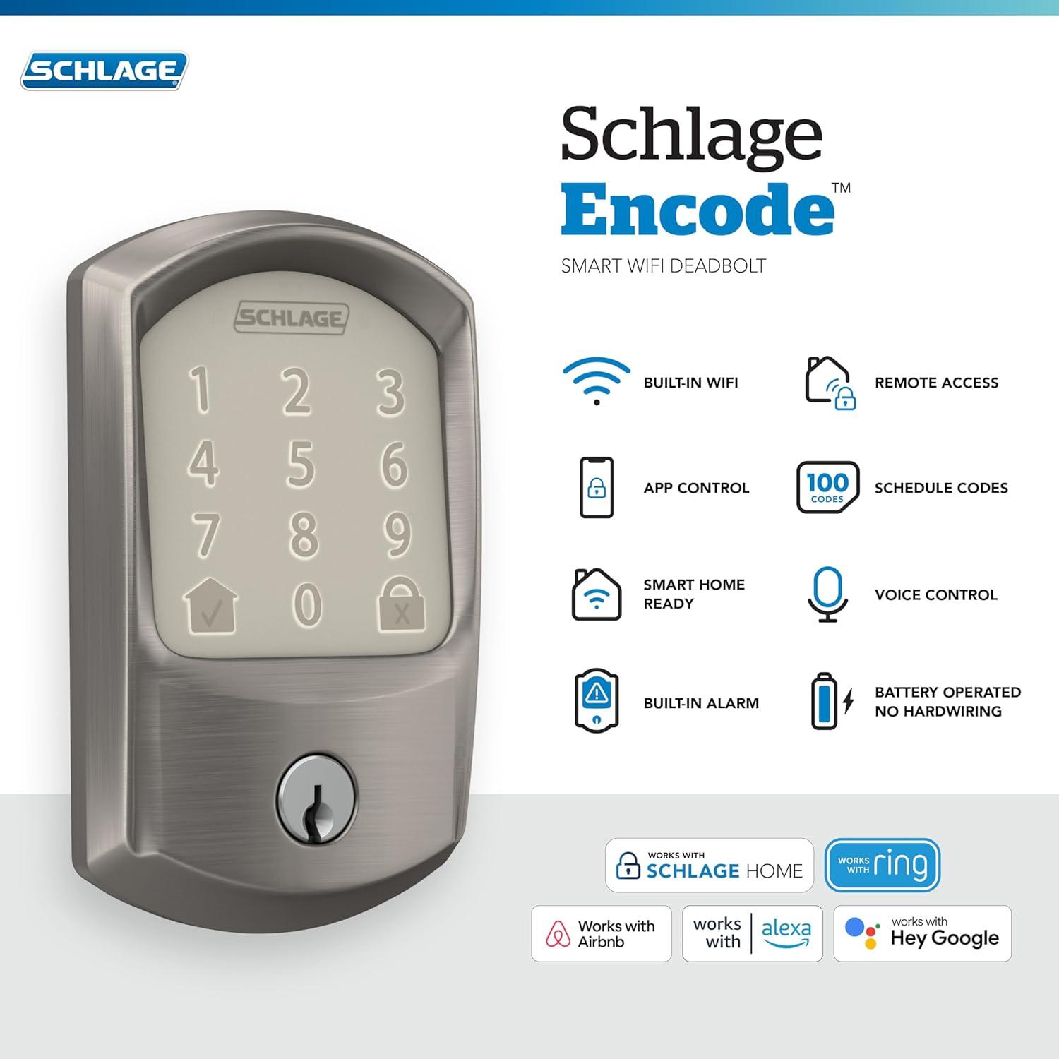 image:imageSchlage Encode Smart WiFi Deadbolt Lock for Front Door Keyless Entry with App or Touchscreen Works with Alexa Hey Google amp Airbnb Create Codes for Guests Satin NickelSatin Nickel