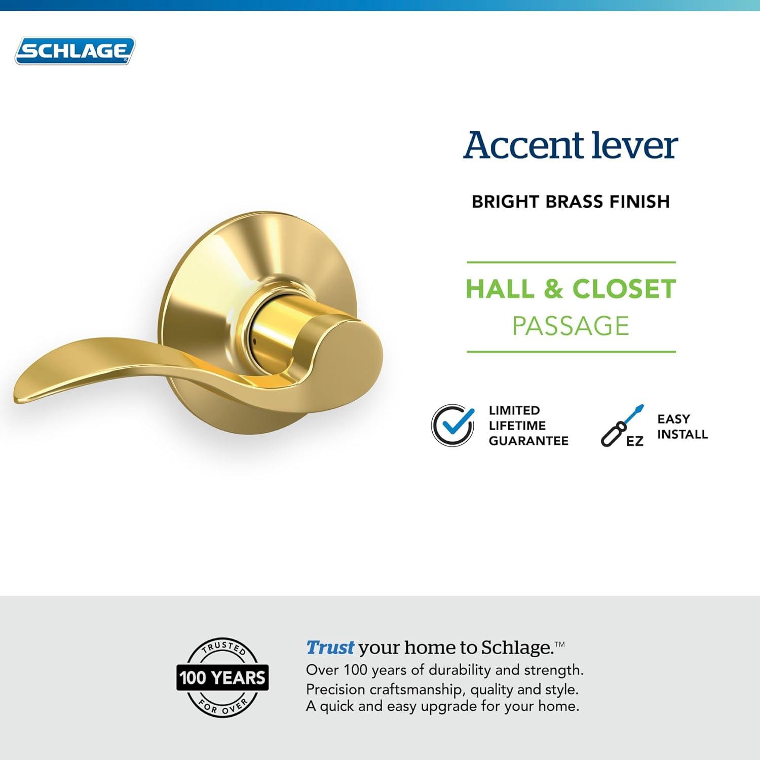 image:imageSchlage F10 ACC 605 Accent Door Lever Hall amp Closet Passage Lock Bright BrassPassage