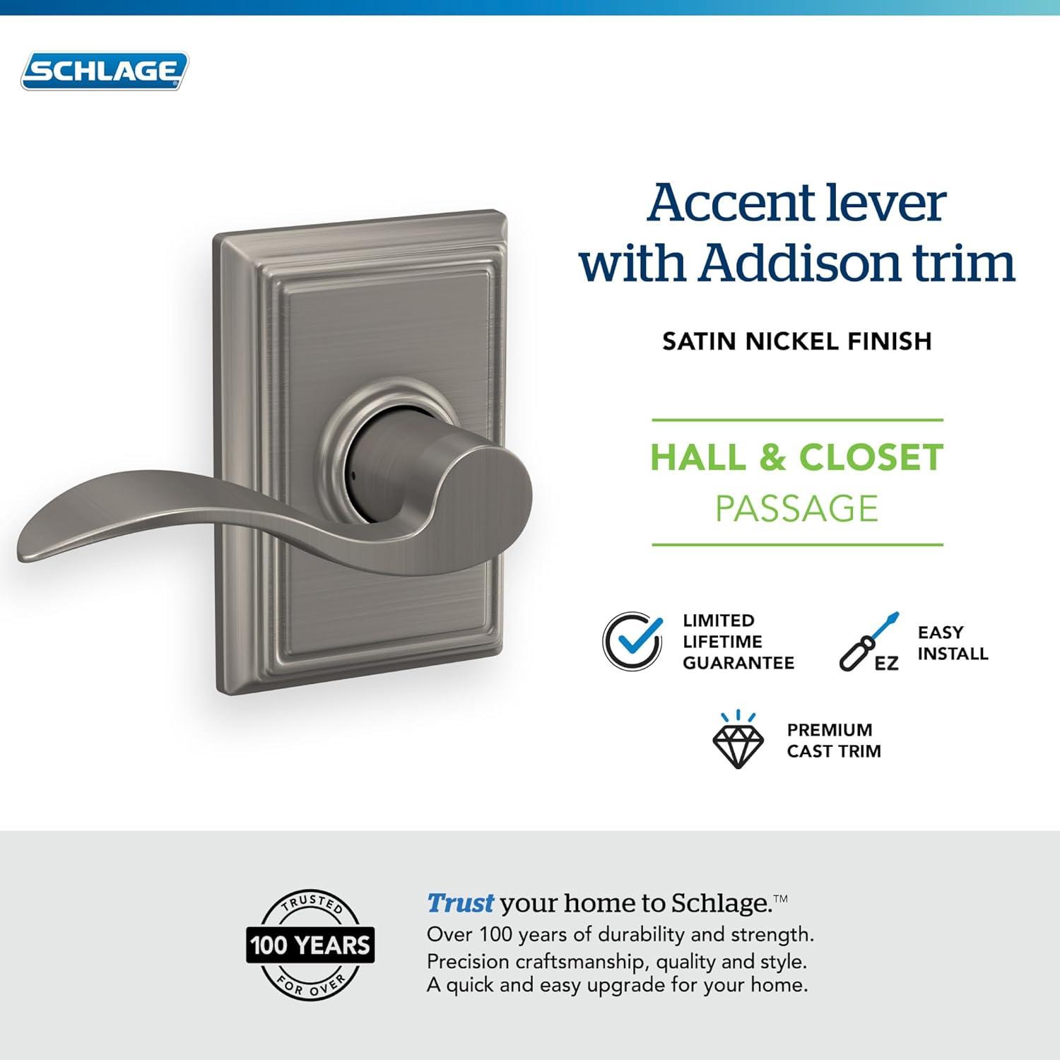 image:imageSchlage F10 ACC 619 ADD Accent Door Lever with Addison Trim Hall amp Closet Passage Lock Satin NickelPassage