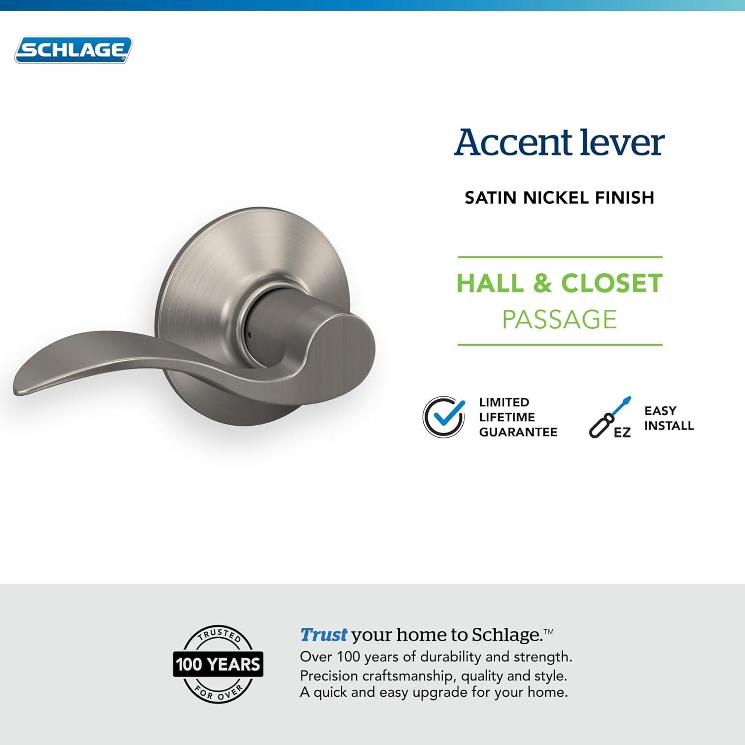 image:imageSchlage F10 ACC 619 Accent Door Lever Hall amp Closet Passage Lock Satin NickelPassage