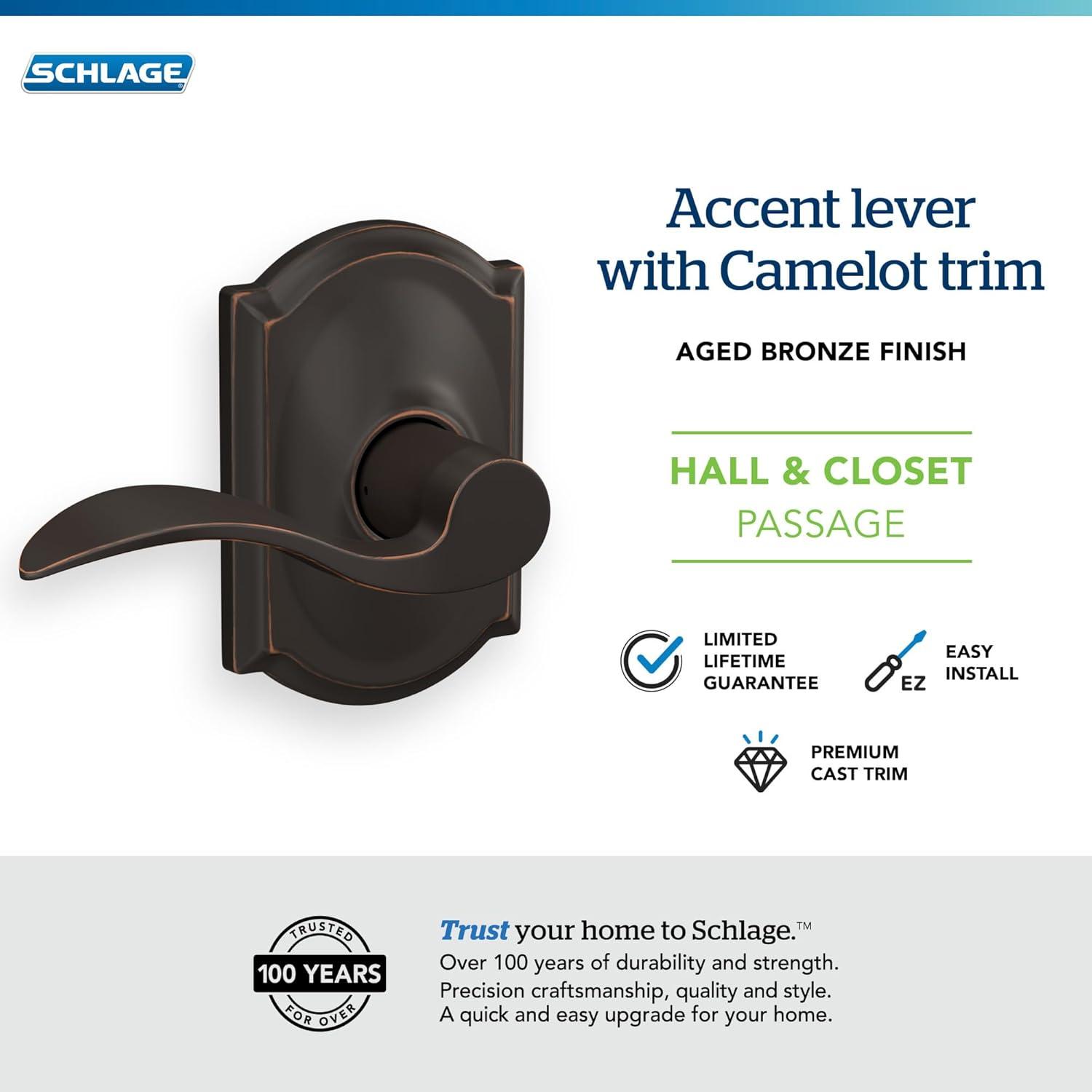 image:imageSchlage F10 ACC 716 CAM Accent Door Lever with Camelot Trim Hall amp Closet Passage Lock Aged Bronze