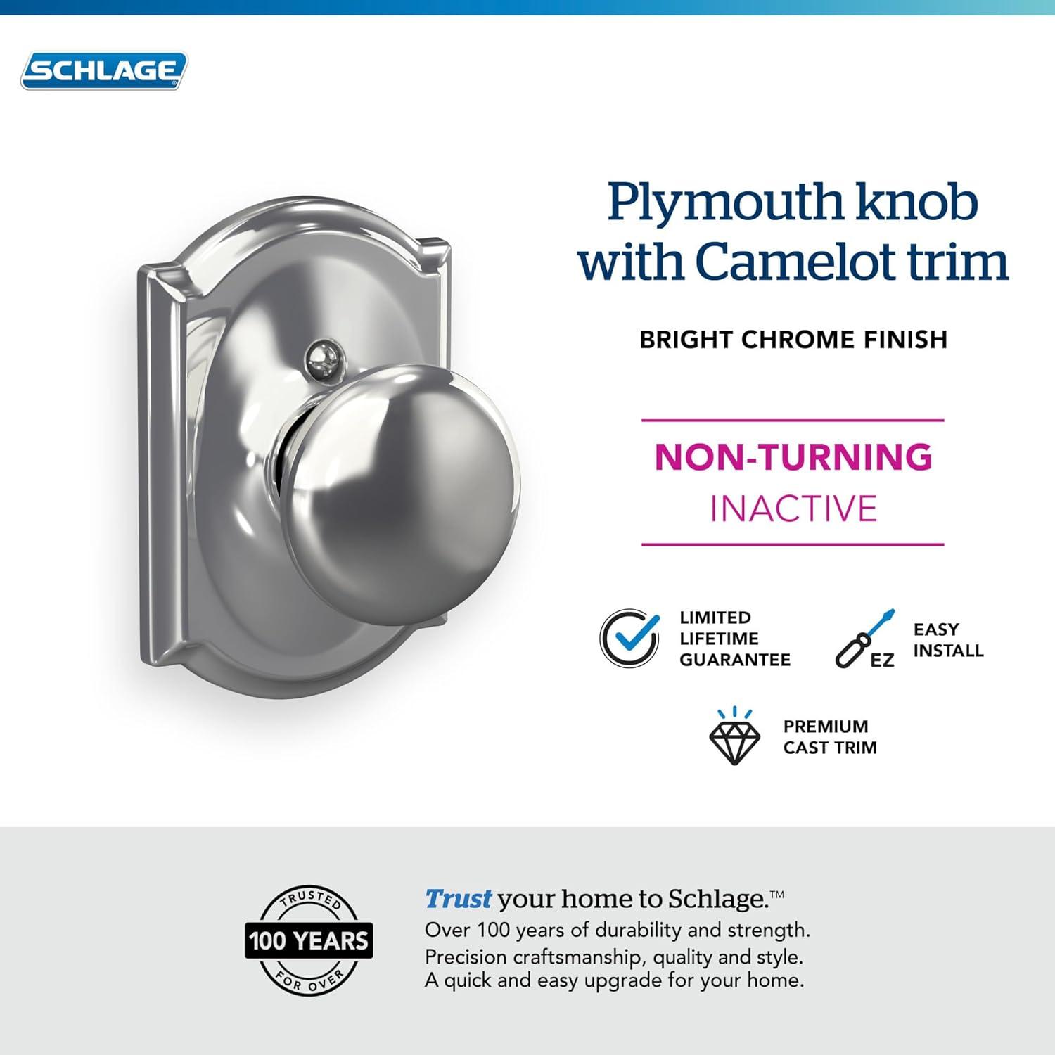 image:imageSchlage F10 PLY 620 CAM Camelot Collection Plymouth Passage Knob Antique PewterBright Chrome