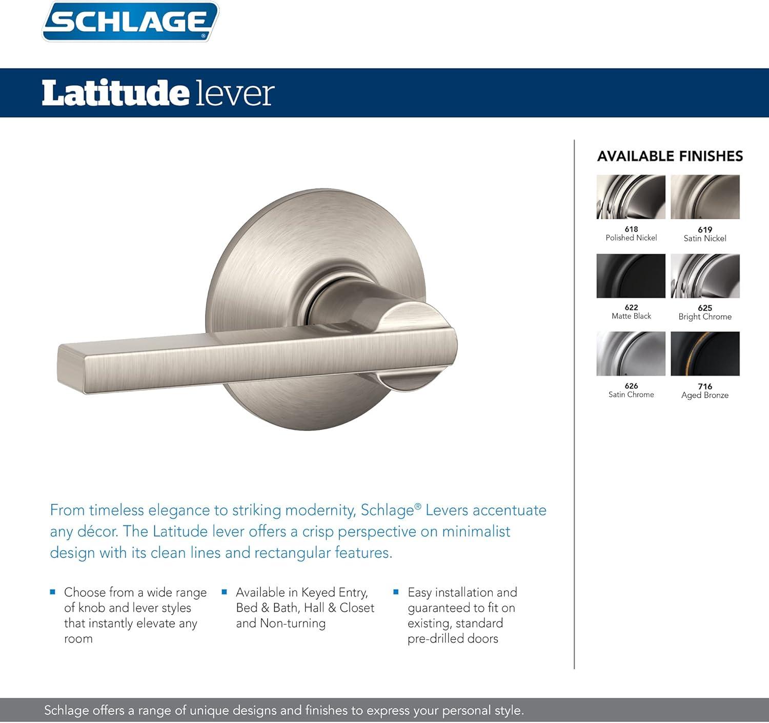 image:imageSchlage F10 V LAT 619 Latitude Door Lever Hall amp Closet Passage Lock Satin NickelNickel