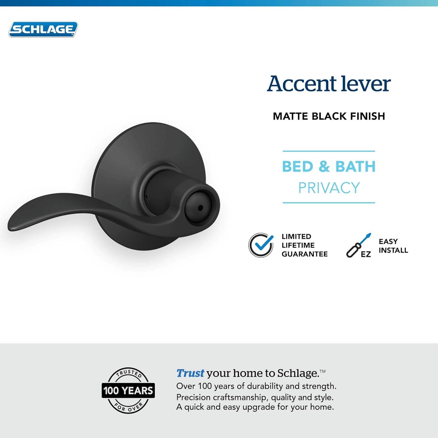 image:imageSchlage F40 ACC 622 Accent Door Lever Bed amp Bath Privacy Lock Matte BlackMatte Black