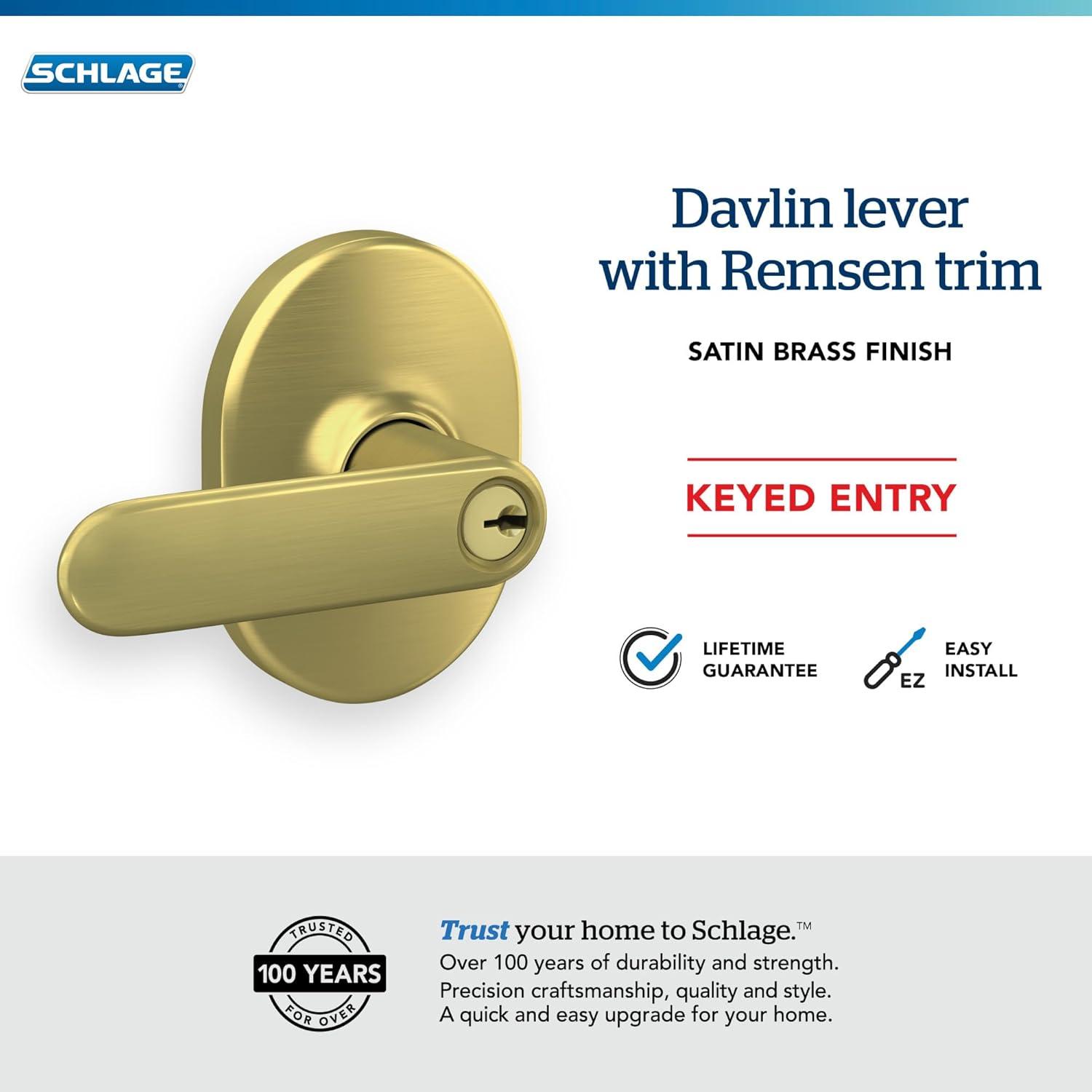 image:imageSchlage F40 DAV 622 RMN Davlin Door Lever with Remsen Trim Bed amp Bath Privacy Lock Matte BlackSatin Brass