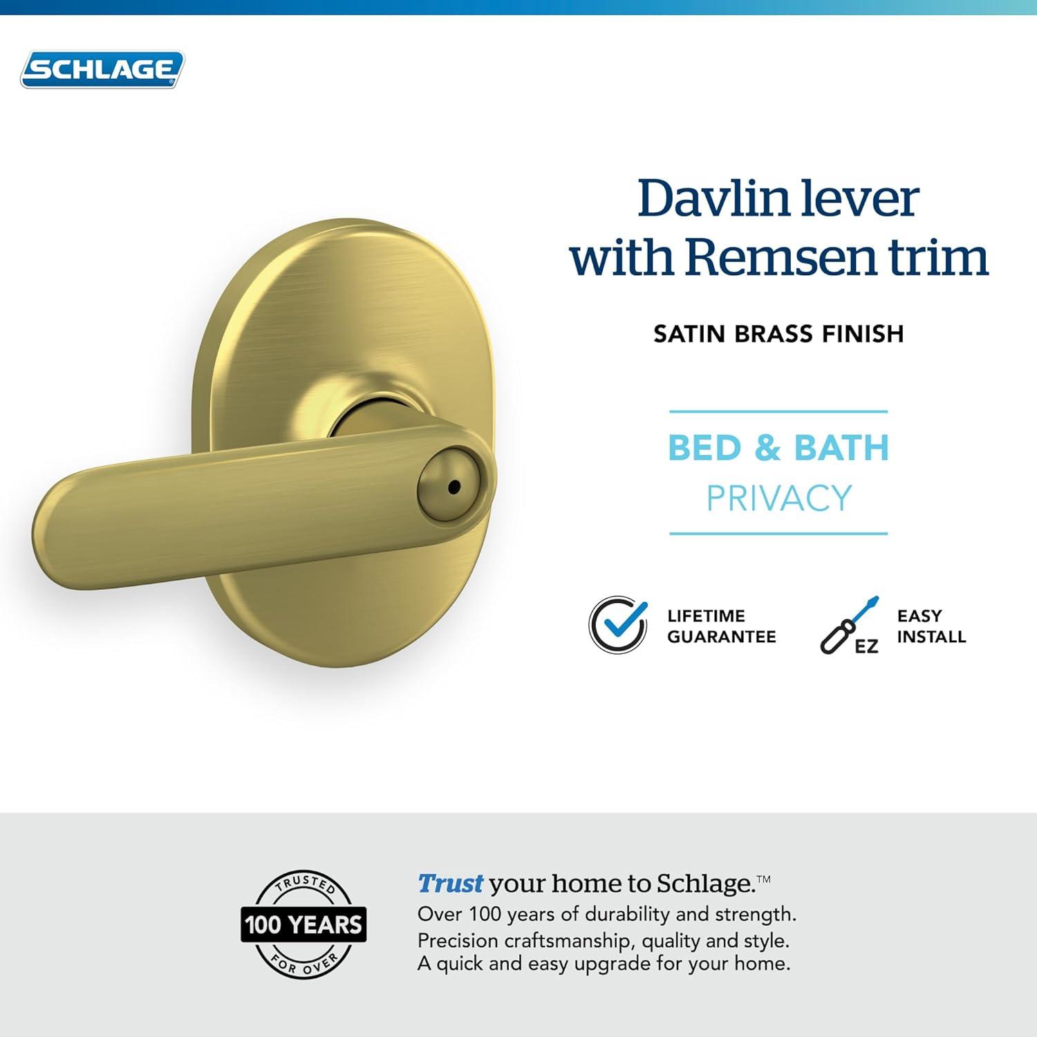 image:imageSchlage F40 DAV 622 RMN Davlin Door Lever with Remsen Trim Bed amp Bath Privacy Lock Matte BlackSatin Brass