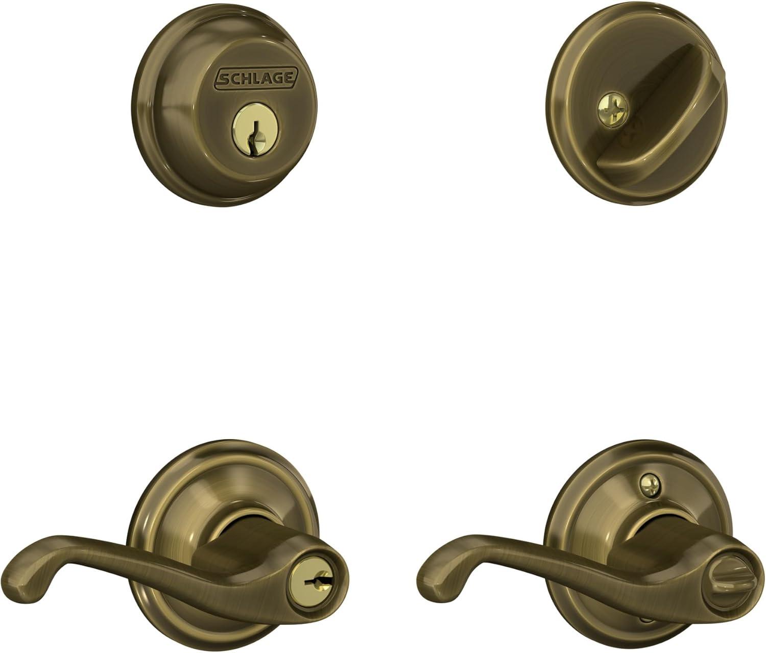 image:imageSchlage FB50 V FLA 609 Single Cylinder Deadbolt and Keyed Entry Flair Lever Antique Brass