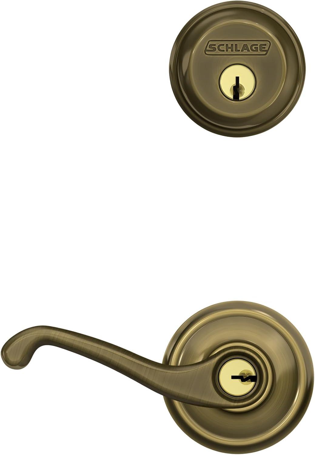 image:imageSchlage FB50 V FLA 609 Single Cylinder Deadbolt and Keyed Entry Flair Lever Antique Brass
