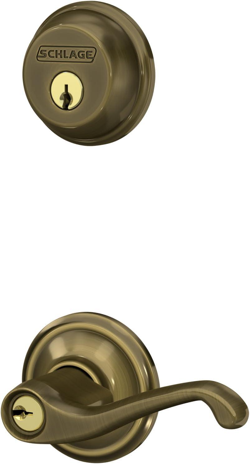 image:imageSchlage FB50 V FLA 609 Single Cylinder Deadbolt and Keyed Entry Flair Lever Antique Brass