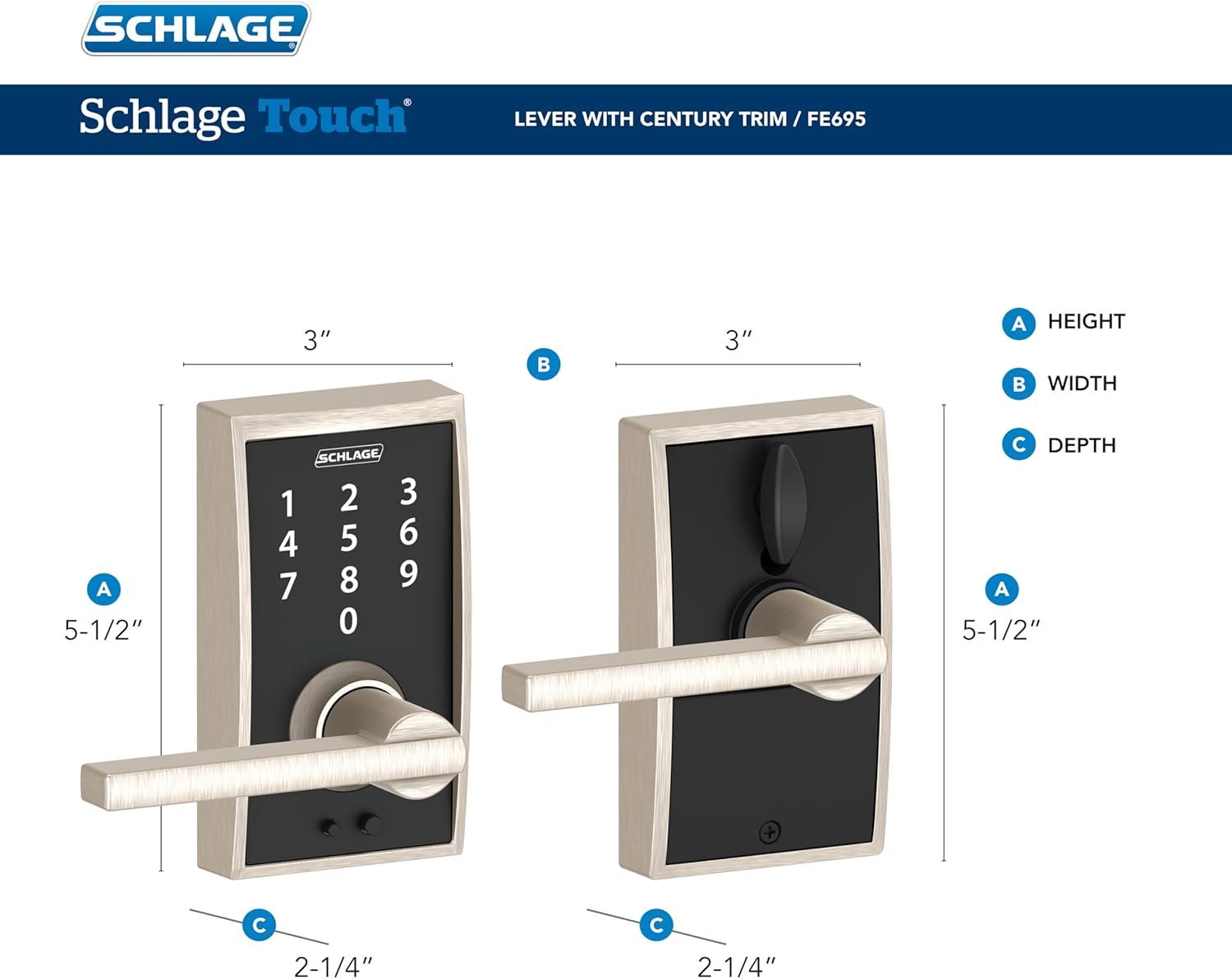 image:imageSchlage FE695 CEN 622 LAT Touch Century Lock with Latitude Lever Electronic Keyless Entry Lock Matte BlackMatte Black