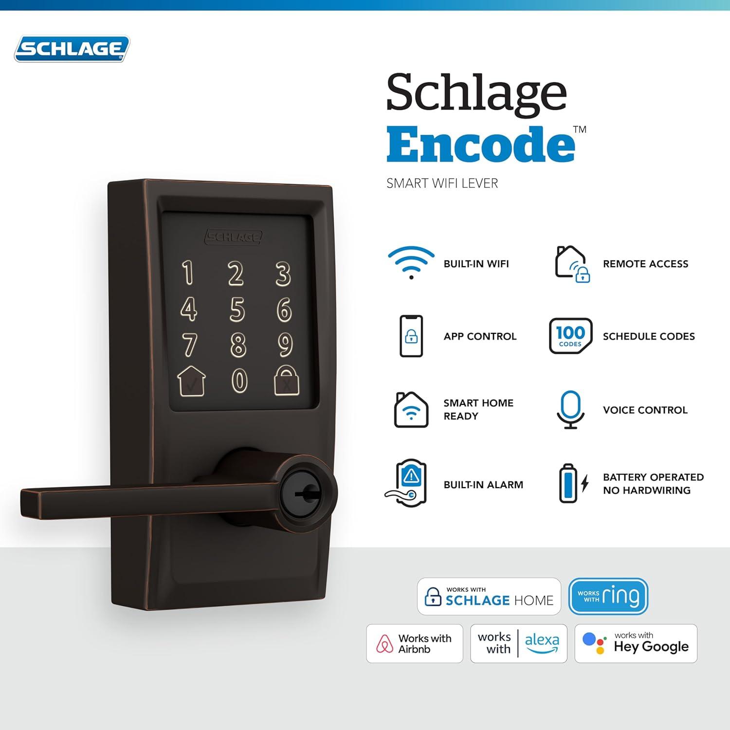 image:imageSchlage FE789WB CEN 622 LAT Encode WiFi Latitude Lever Smart Lock Keyless Entry Touchscreen Door Lock with Century Trim Matte BlackAged Bronze