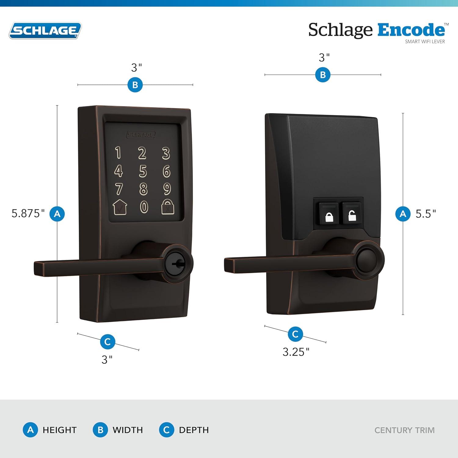image:imageSchlage FE789WB CEN 622 LAT Encode WiFi Latitude Lever Smart Lock Keyless Entry Touchscreen Door Lock with Century Trim Matte BlackAged Bronze