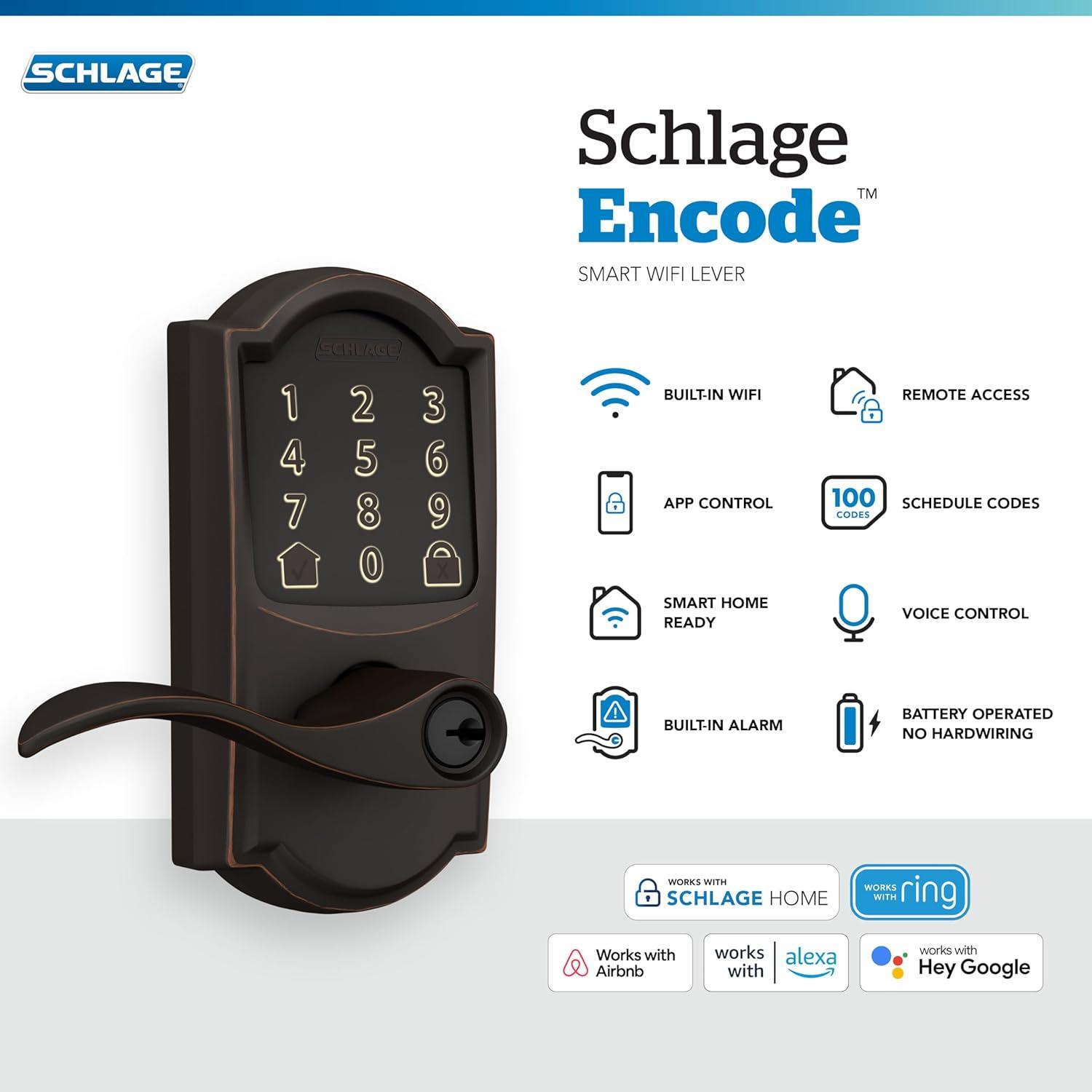 image:imageSchlage FE789WB CEN 622 LAT Encode WiFi Latitude Lever Smart Lock Keyless Entry Touchscreen Door Lock with Century Trim Matte BlackAged Bronze