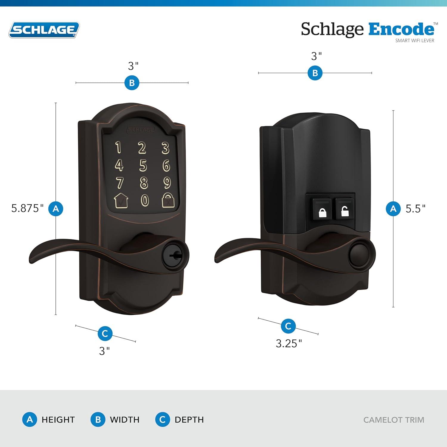 image:imageSchlage FE789WB CEN 622 LAT Encode WiFi Latitude Lever Smart Lock Keyless Entry Touchscreen Door Lock with Century Trim Matte BlackAged Bronze