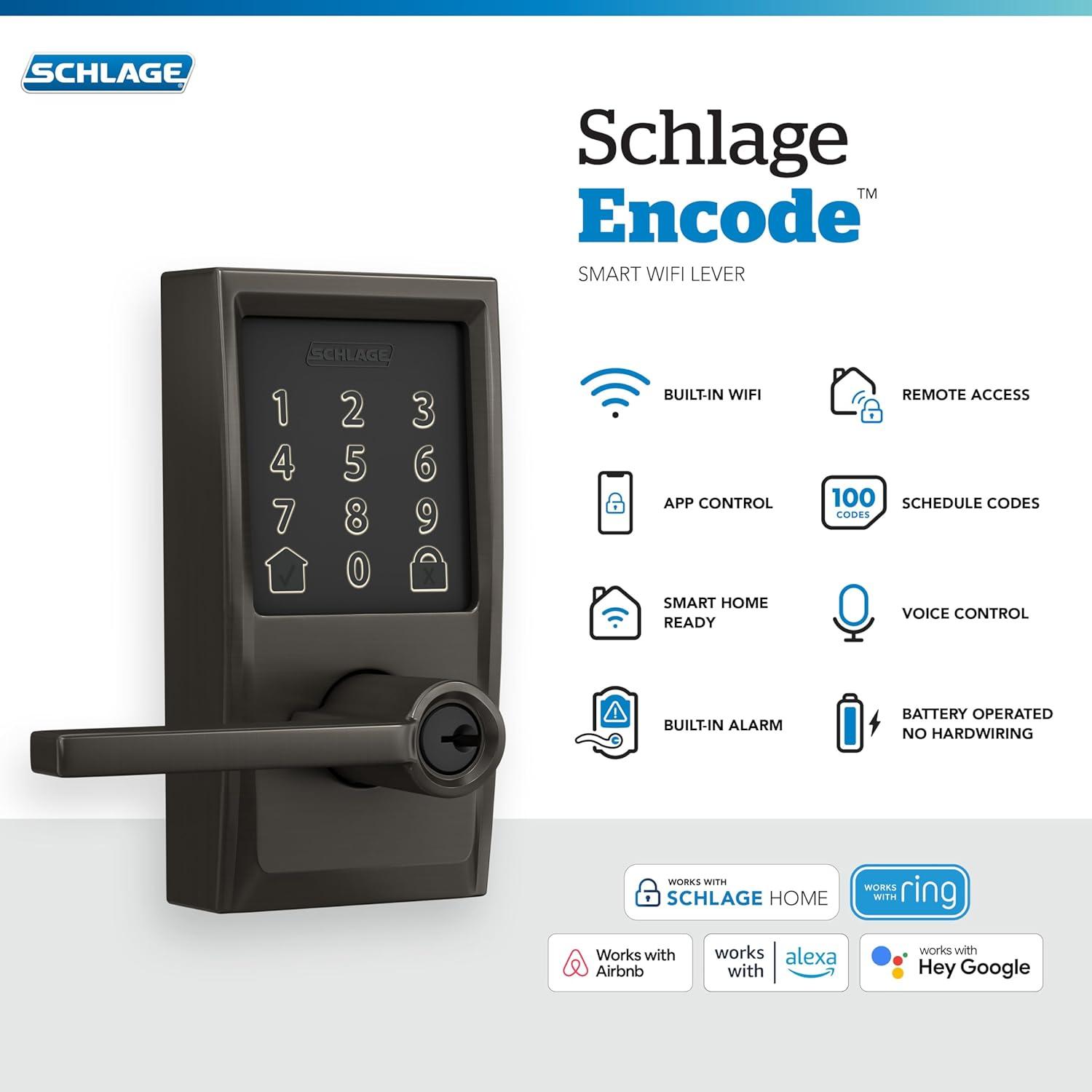 image:imageSchlage FE789WB CEN 622 LAT Encode WiFi Latitude Lever Smart Lock Keyless Entry Touchscreen Door Lock with Century Trim Matte BlackBlack Stainless