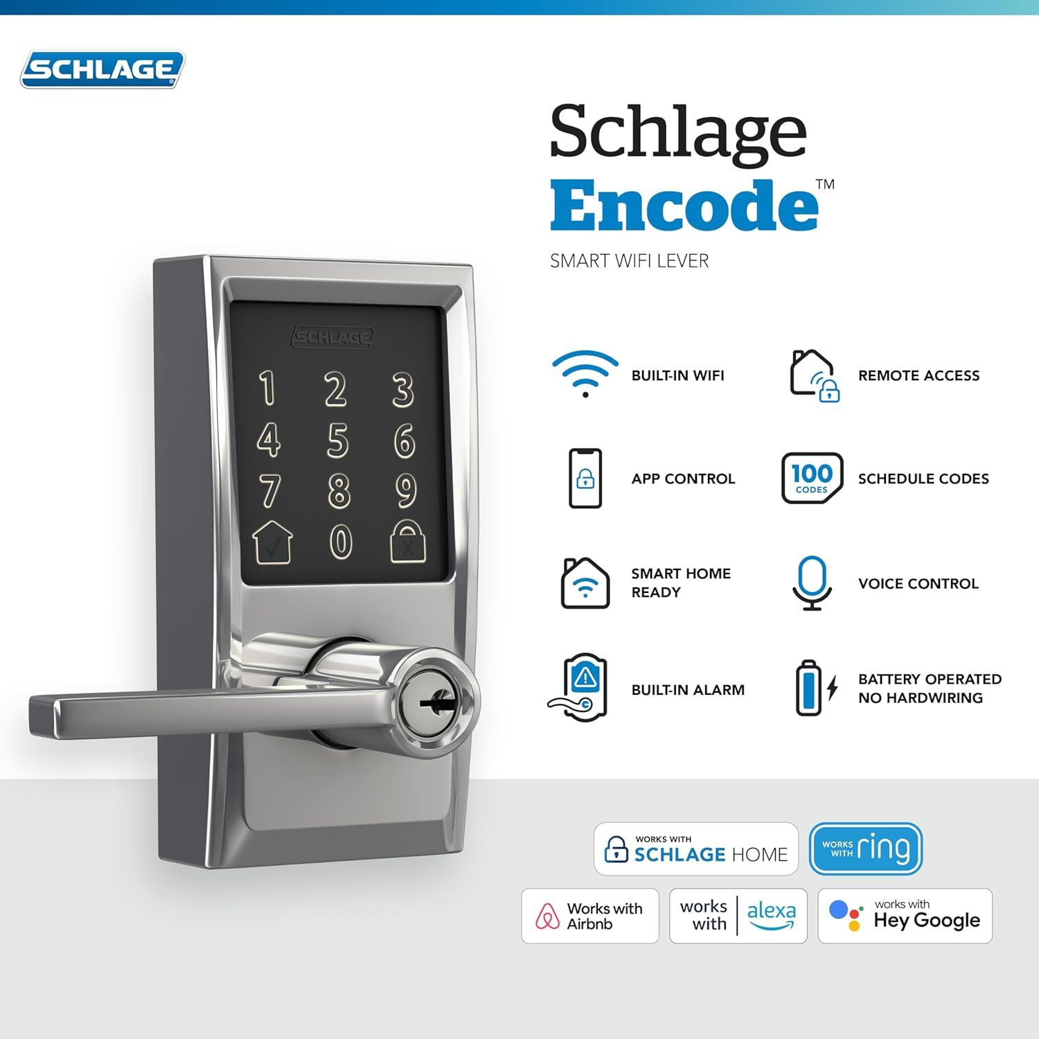 image:imageSchlage FE789WB CEN 622 LAT Encode WiFi Latitude Lever Smart Lock Keyless Entry Touchscreen Door Lock with Century Trim Matte BlackBright Chrome