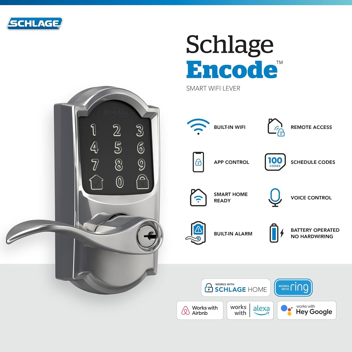 image:imageSchlage FE789WB CEN 622 LAT Encode WiFi Latitude Lever Smart Lock Keyless Entry Touchscreen Door Lock with Century Trim Matte BlackBright Chrome