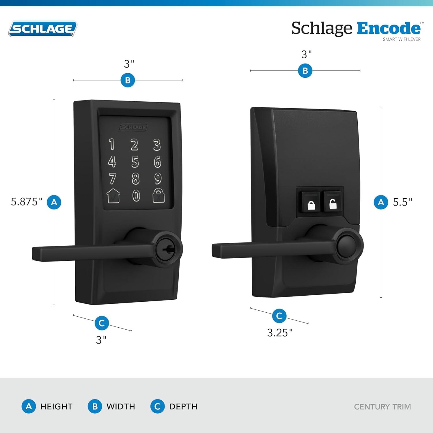 image:imageSchlage FE789WB CEN 622 LAT Encode WiFi Latitude Lever Smart Lock Keyless Entry Touchscreen Door Lock with Century Trim Matte BlackMatte Black
