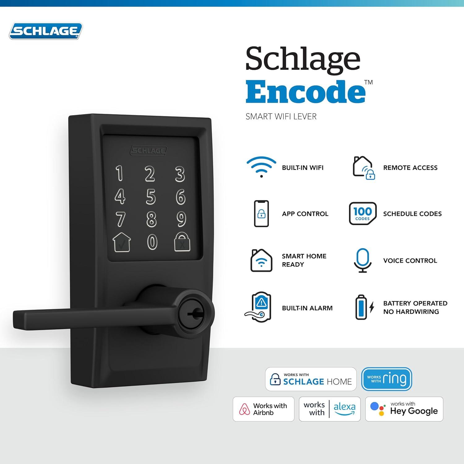 image:imageSchlage FE789WB CEN 622 LAT Encode WiFi Latitude Lever Smart Lock Keyless Entry Touchscreen Door Lock with Century Trim Matte BlackMatte Black