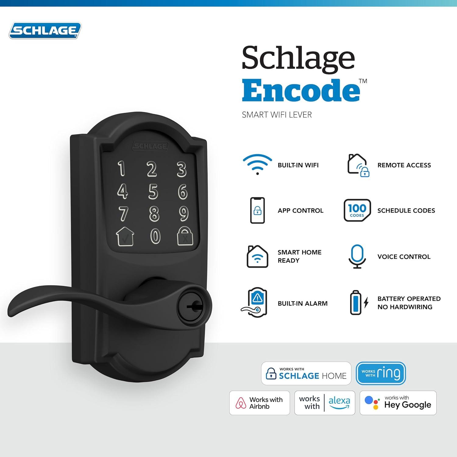 image:imageSchlage FE789WB CEN 622 LAT Encode WiFi Latitude Lever Smart Lock Keyless Entry Touchscreen Door Lock with Century Trim Matte BlackMatte Black