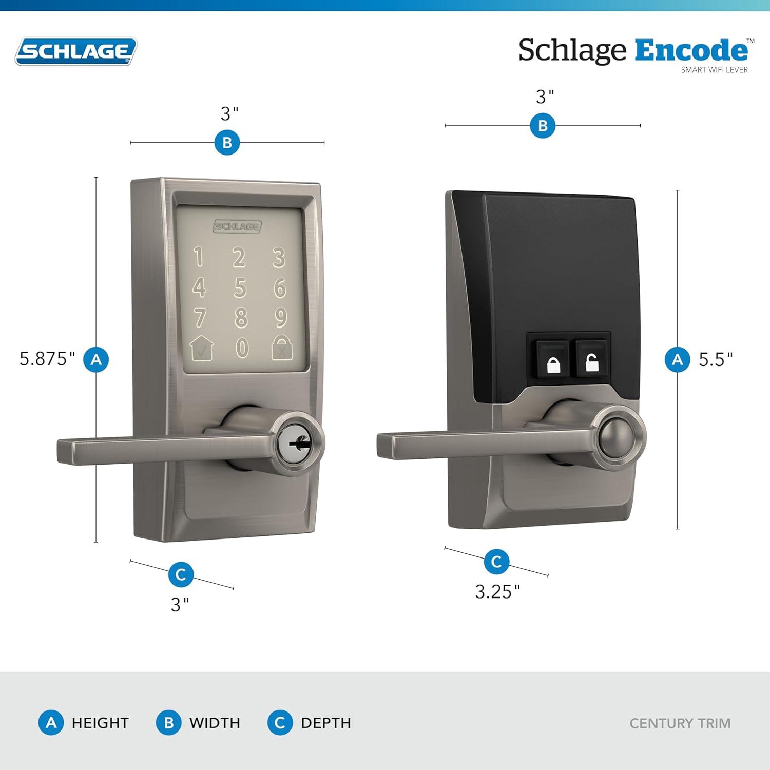 image:imageSchlage FE789WB CEN 622 LAT Encode WiFi Latitude Lever Smart Lock Keyless Entry Touchscreen Door Lock with Century Trim Matte BlackSatin Nickel