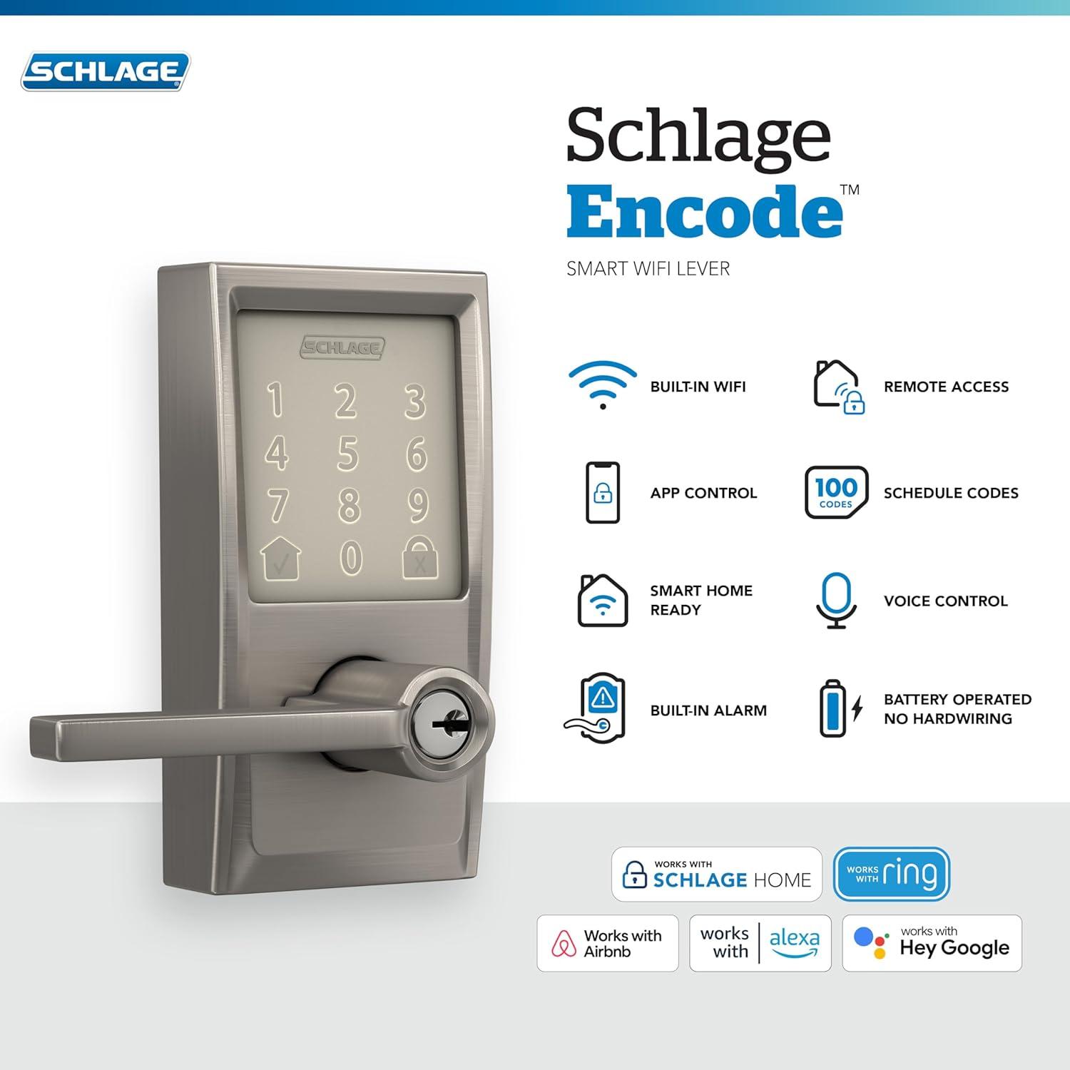 image:imageSchlage FE789WB CEN 622 LAT Encode WiFi Latitude Lever Smart Lock Keyless Entry Touchscreen Door Lock with Century Trim Matte BlackSatin Nickel