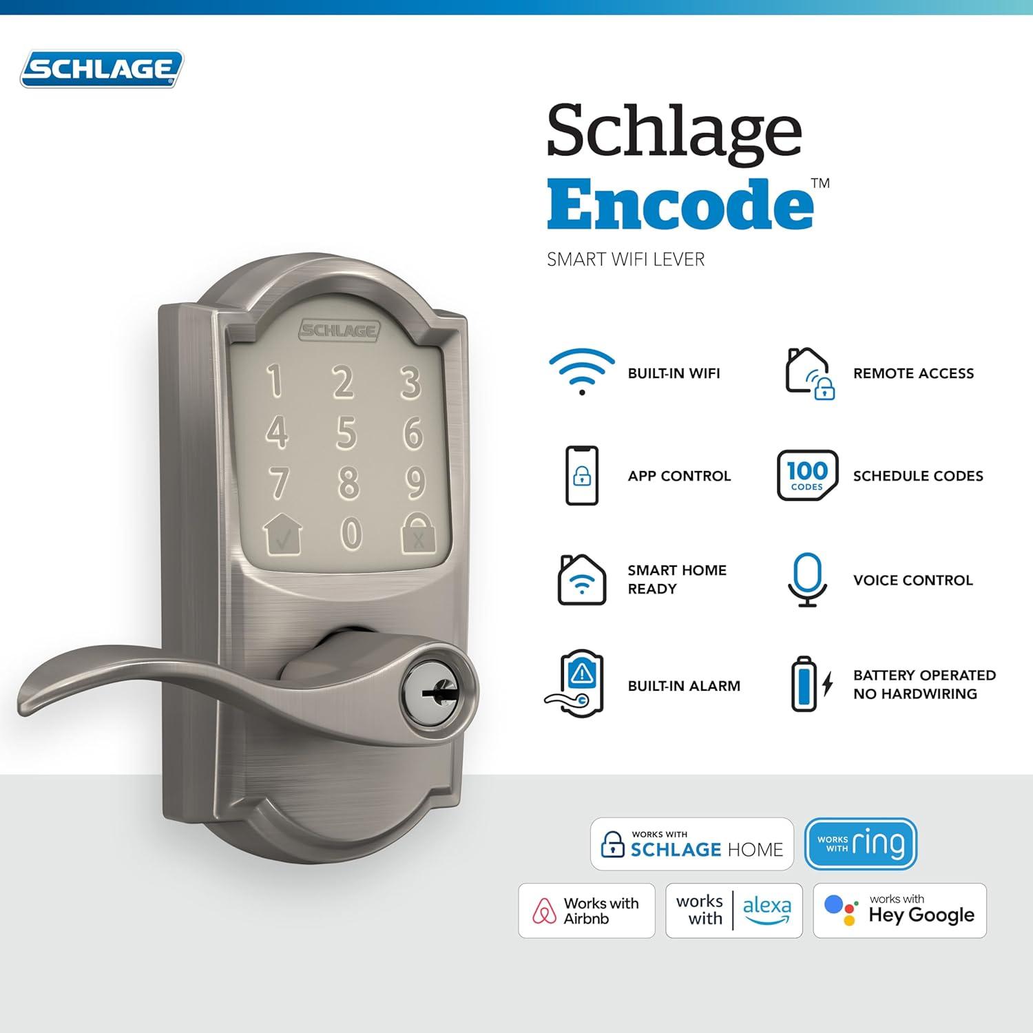 image:imageSchlage FE789WB CEN 622 LAT Encode WiFi Latitude Lever Smart Lock Keyless Entry Touchscreen Door Lock with Century Trim Matte BlackSatin Nickel