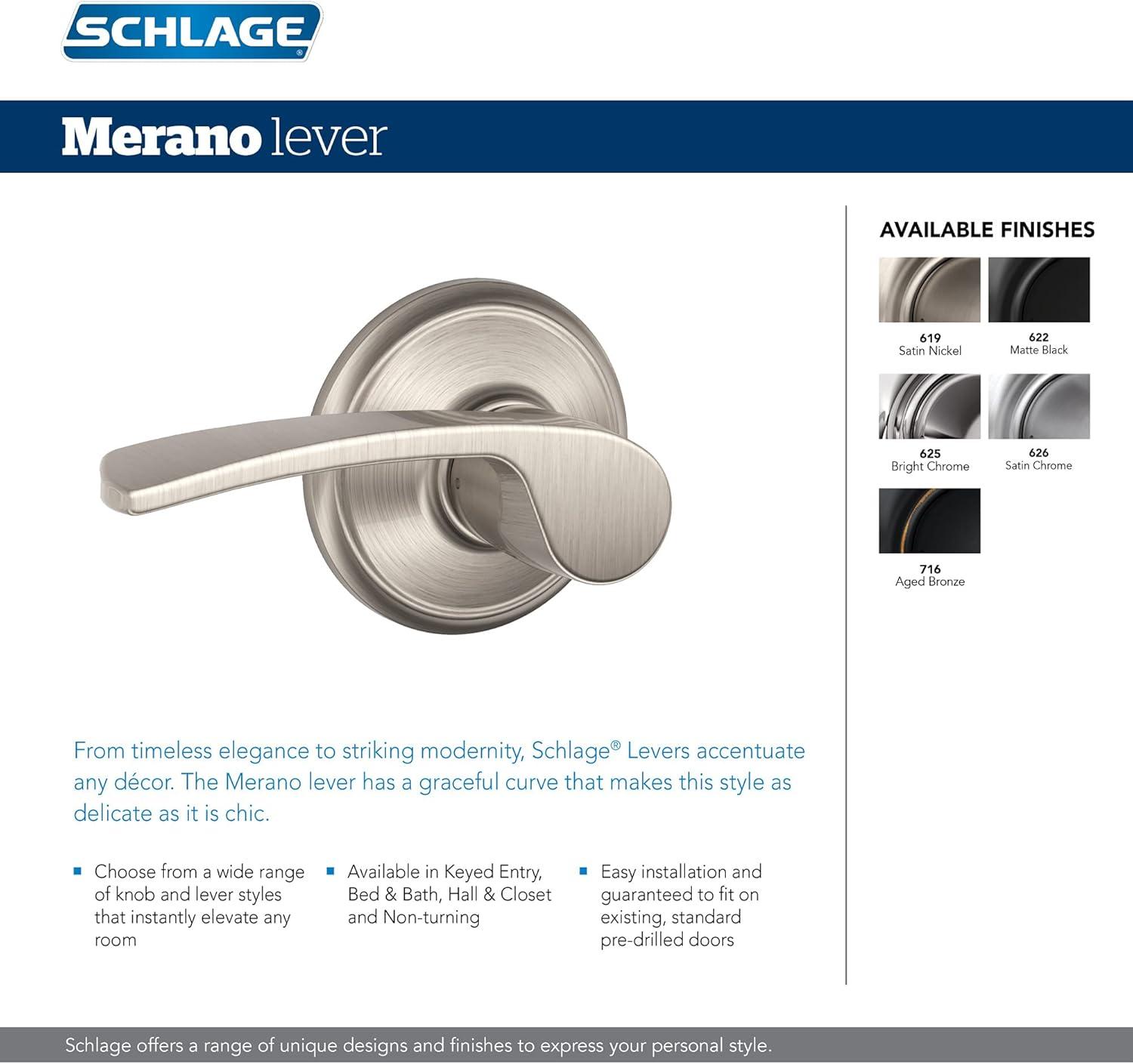 image:imageSchlage Lock Company F10MER619GRW F10 Series Merano w Greenwich Rose Passage Door Lock Satin NickelSatin Nickel
