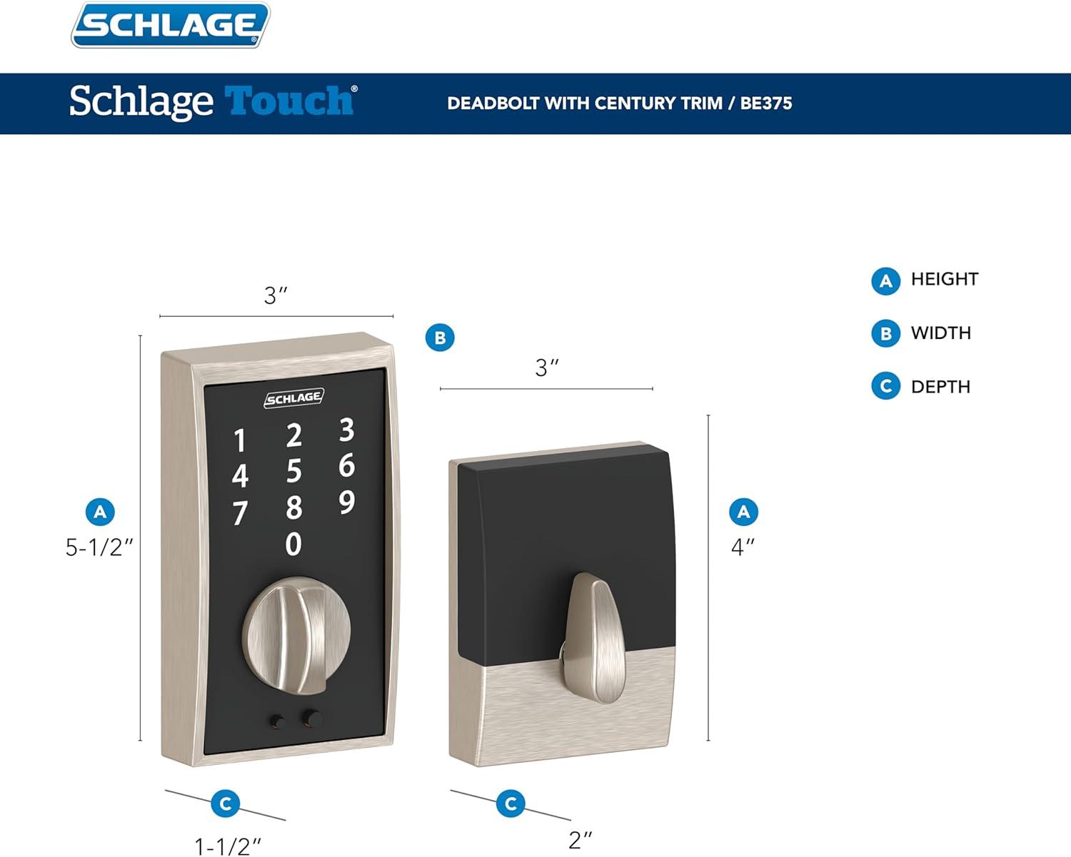 image:imageSchlage Touch Century Keypad Deadbolt Electronic Keyless Entry Lock Satin Chrome BE375 CEN 626Pack of 6