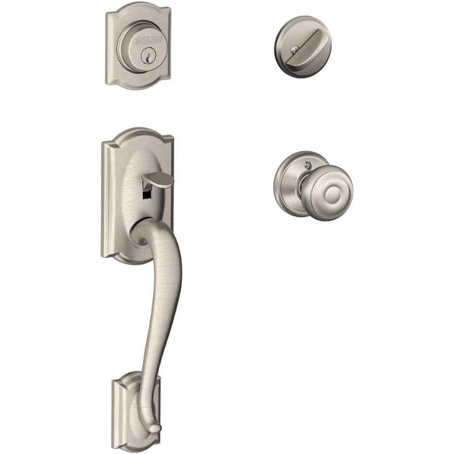 image:imageSCHLAGE Camelot Single Cylinder Handleset and Georgian Knob Satin Nickel F60 CAM 619 GEOStandard Interior Trim