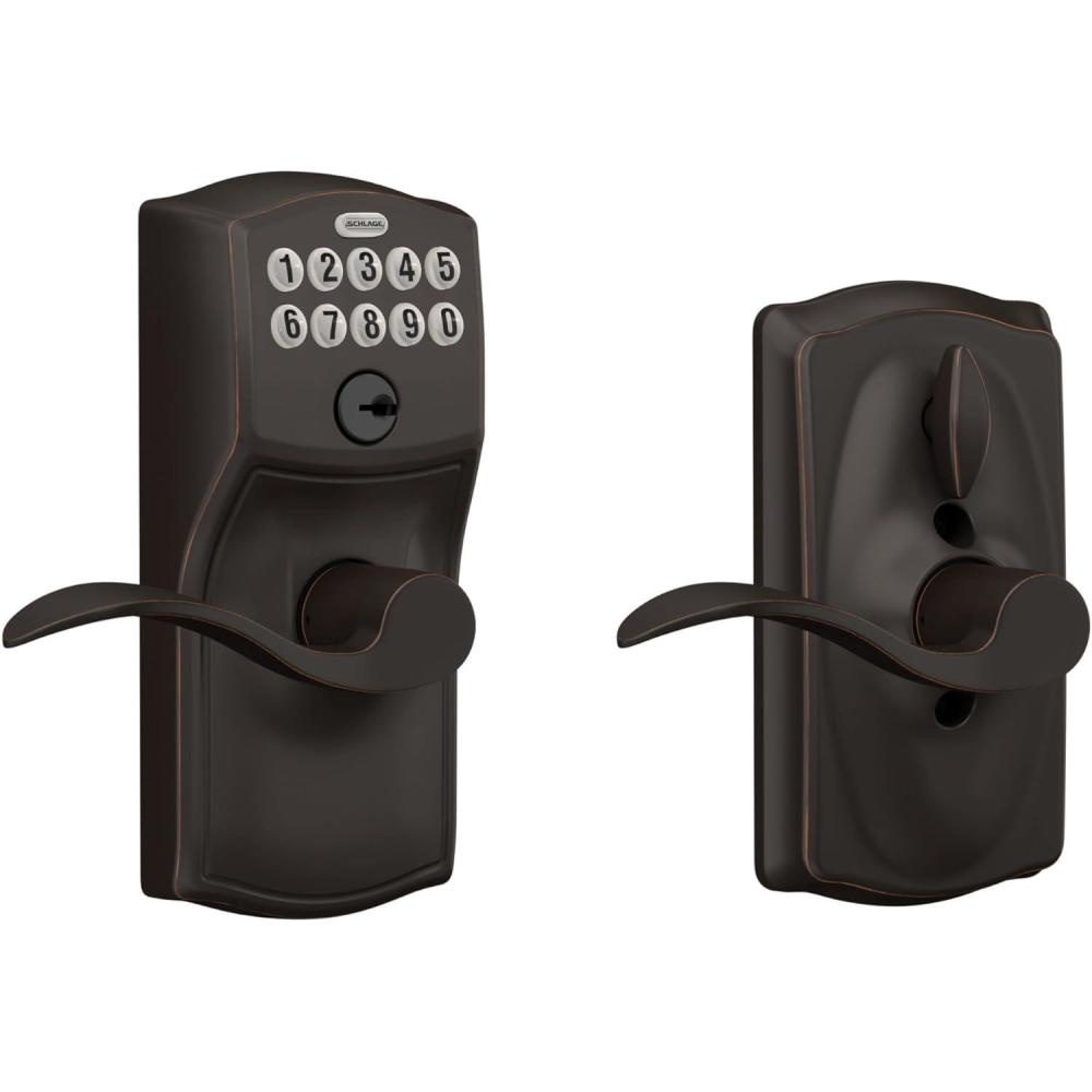 image:imageSCHLAGE FE595 CAM 619 ACC Camelot Keypad Entry with FlexLock and Accent Levers Satin NickelAged Bronze