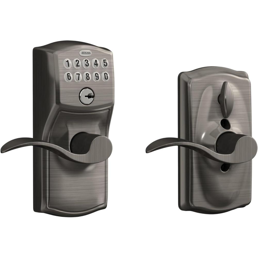 image:imageSCHLAGE FE595 CAM 619 ACC Camelot Keypad Entry with FlexLock and Accent Levers Satin NickelAntique Pewter