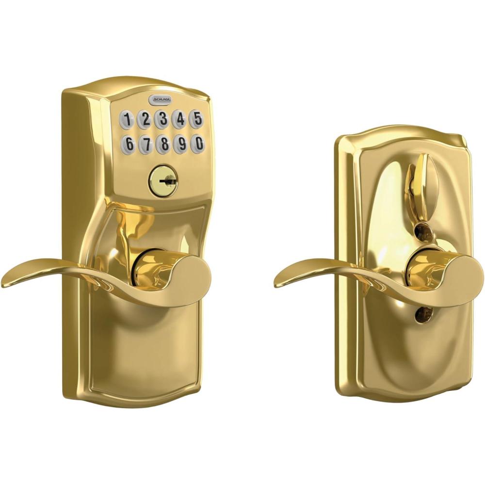 image:imageSCHLAGE FE595 CAM 619 ACC Camelot Keypad Entry with FlexLock and Accent Levers Satin NickelBright Brass