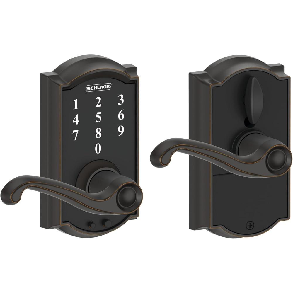 image:imageSCHLAGE Touch Camelot Lock with Flair Lever Aged Bronze FE695 CAM 716 FLA