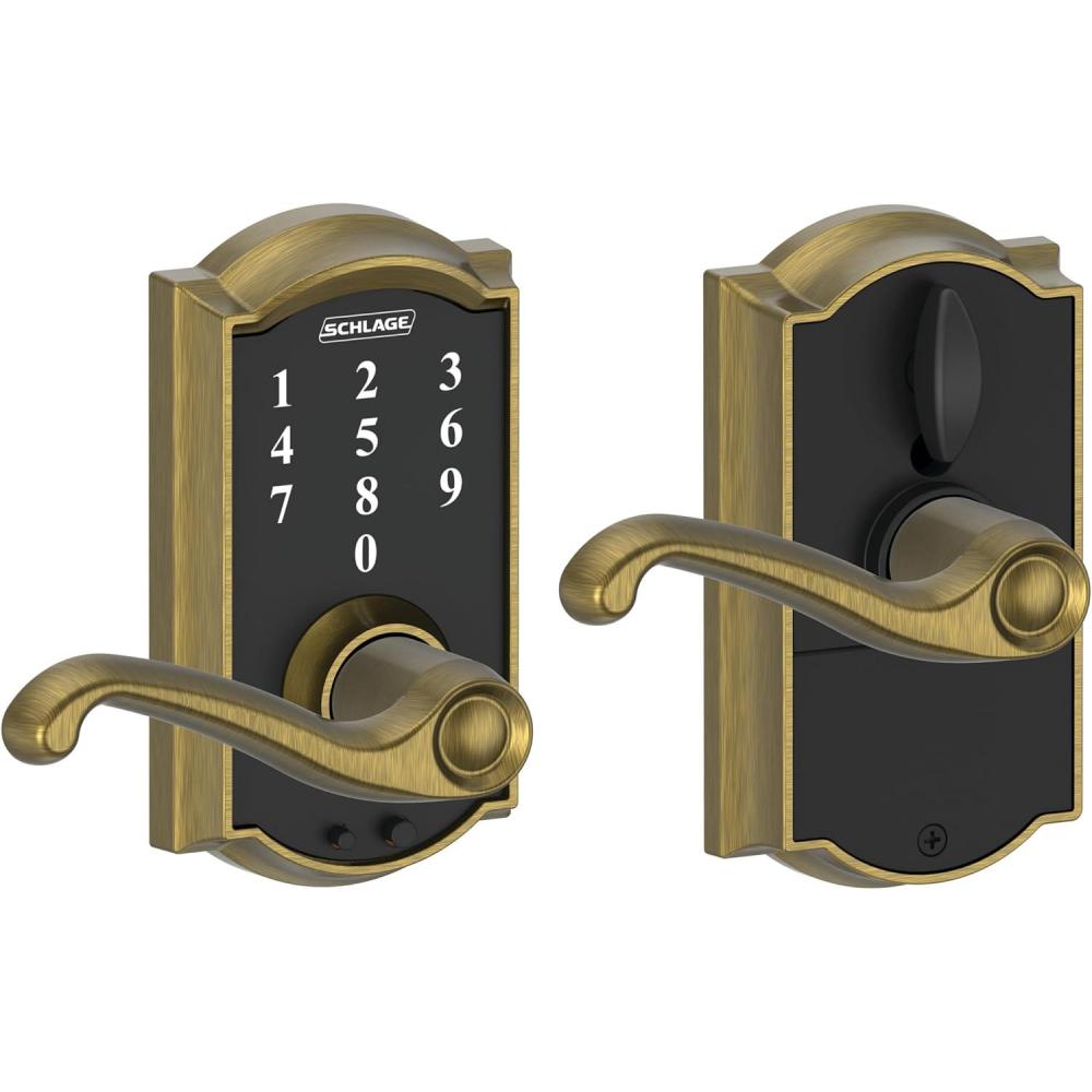 image:imageSCHLAGE Touch Camelot Lock with Flair Lever Antique Brass FE695 CAM 609 FLA