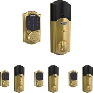 SCHLAGE BE469ZP CAM 619 Connect Smart Deadbolt with alarm with Camelot Trim in Satin Nickel, Z-Wave Plus enabled(Bright Brass)