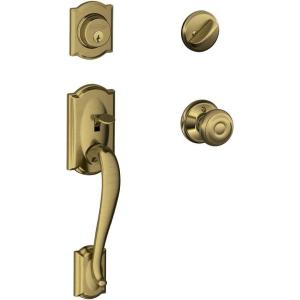 SCHLAGE Camelot Single Cylinder Handleset and Georgian Knob, Antique Brass (F60 CAM 609 GEO)